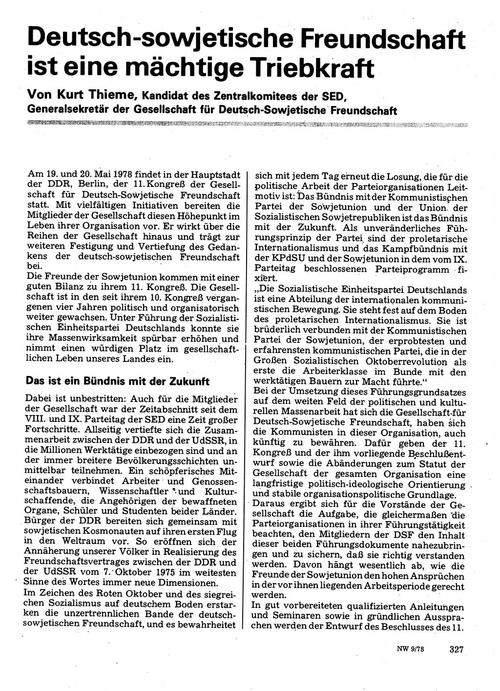 Neuer Weg (NW), Organ des Zentralkomitees (ZK) der SED (Sozialistische Einheitspartei Deutschlands) für Fragen des Parteilebens, 33. Jahrgang [Deutsche Demokratische Republik (DDR)] 1978, Seite 327 (NW ZK SED DDR 1978, S. 327)