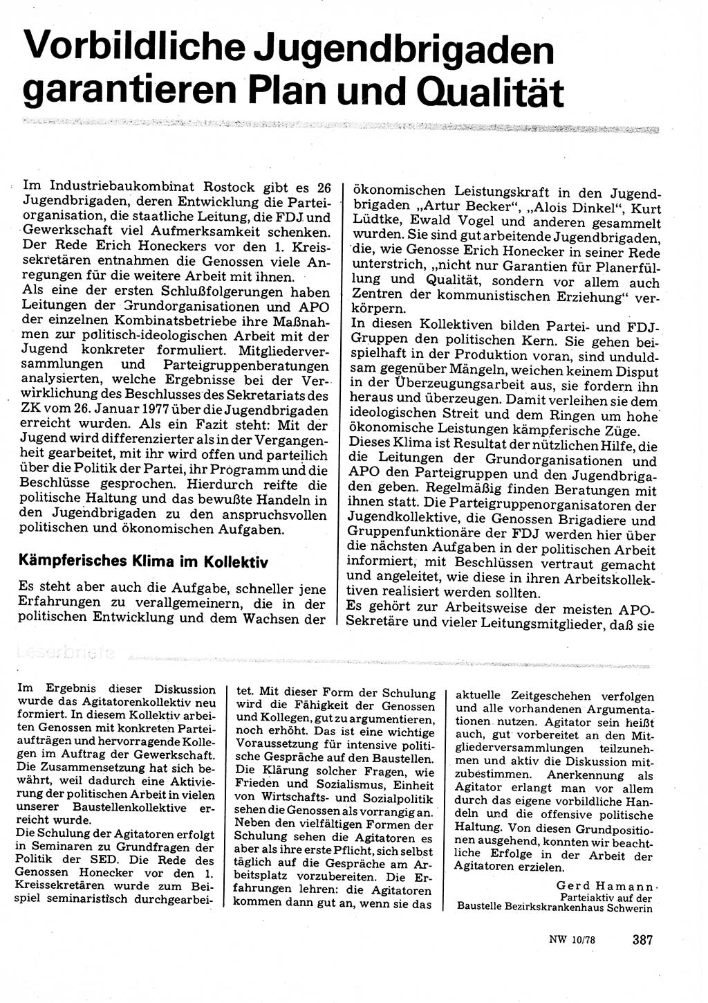 Neuer Weg (NW), Organ des Zentralkomitees (ZK) der SED (Sozialistische Einheitspartei Deutschlands) für Fragen des Parteilebens, 33. Jahrgang [Deutsche Demokratische Republik (DDR)] 1978, Seite 387 (NW ZK SED DDR 1978, S. 387)