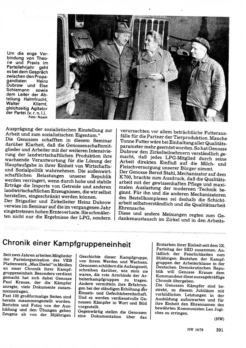 Neuer Weg (NW), Organ des Zentralkomitees (ZK) der SED (Sozialistische Einheitspartei Deutschlands) für Fragen des Parteilebens, 33. Jahrgang [Deutsche Demokratische Republik (DDR)] 1978, Seite 391 (NW ZK SED DDR 1978, S. 391)