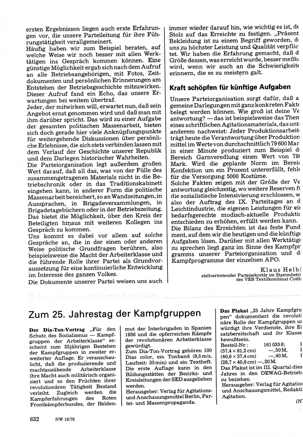 Neuer Weg (NW), Organ des Zentralkomitees (ZK) der SED (Sozialistische Einheitspartei Deutschlands) für Fragen des Parteilebens, 33. Jahrgang [Deutsche Demokratische Republik (DDR)] 1978, Seite 632 (NW ZK SED DDR 1978, S. 632)