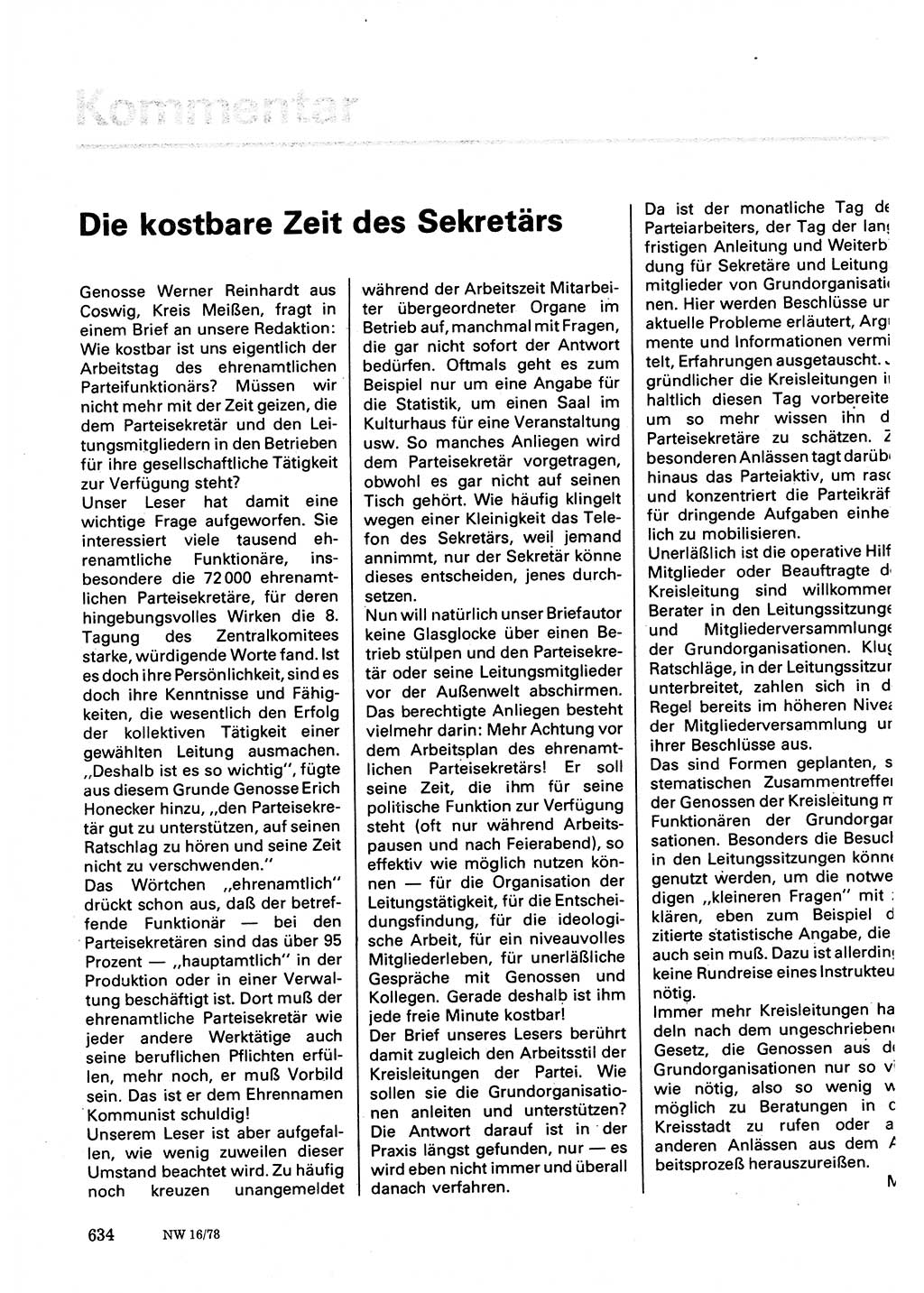 Neuer Weg (NW), Organ des Zentralkomitees (ZK) der SED (Sozialistische Einheitspartei Deutschlands) für Fragen des Parteilebens, 33. Jahrgang [Deutsche Demokratische Republik (DDR)] 1978, Seite 634 (NW ZK SED DDR 1978, S. 634)