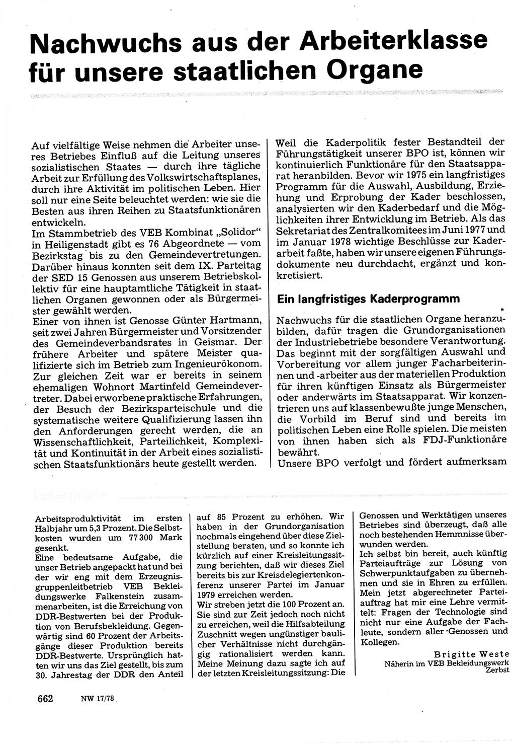 Neuer Weg (NW), Organ des Zentralkomitees (ZK) der SED (Sozialistische Einheitspartei Deutschlands) für Fragen des Parteilebens, 33. Jahrgang [Deutsche Demokratische Republik (DDR)] 1978, Seite 662 (NW ZK SED DDR 1978, S. 662)