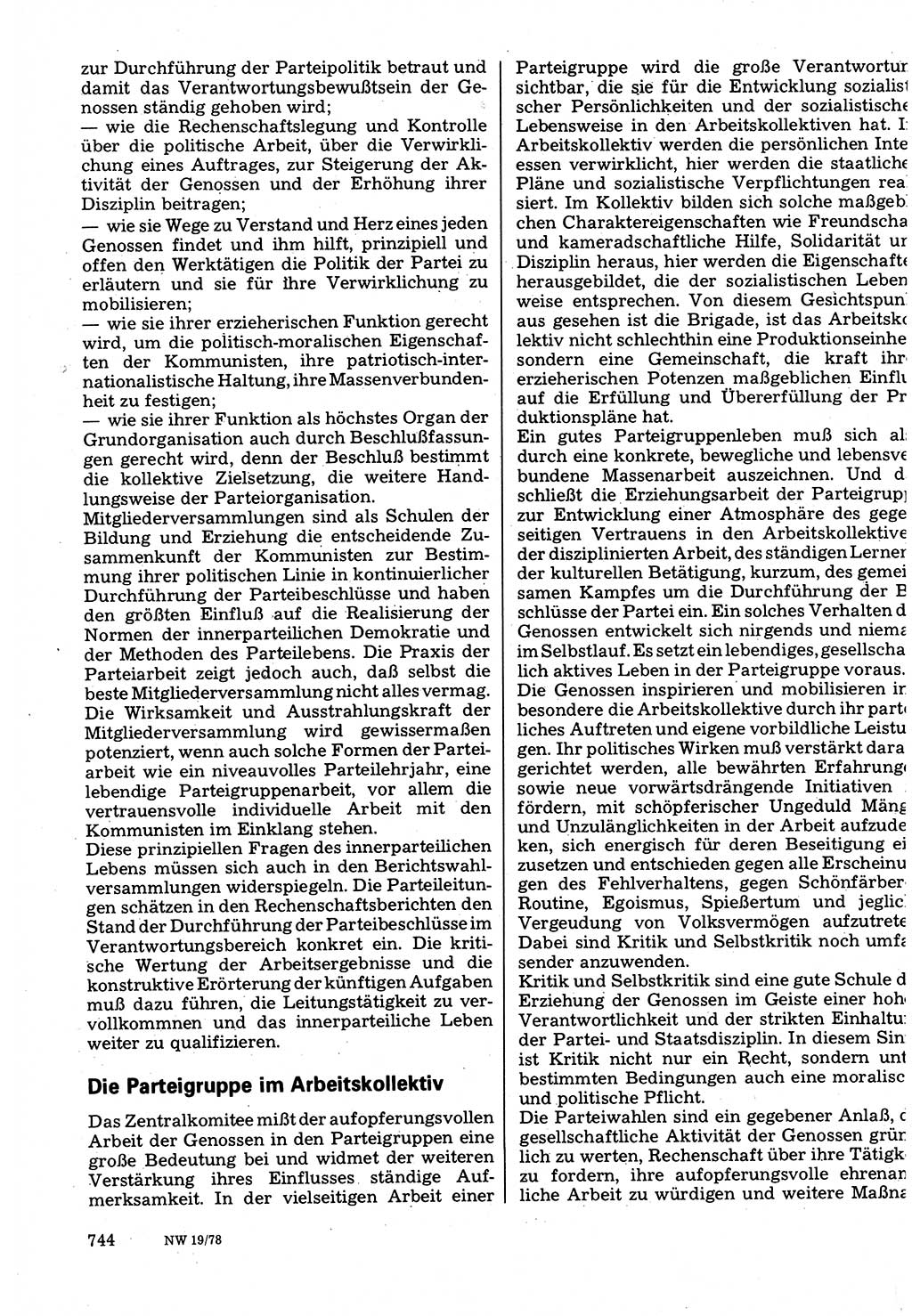 Neuer Weg (NW), Organ des Zentralkomitees (ZK) der SED (Sozialistische Einheitspartei Deutschlands) für Fragen des Parteilebens, 33. Jahrgang [Deutsche Demokratische Republik (DDR)] 1978, Seite 744 (NW ZK SED DDR 1978, S. 744)
