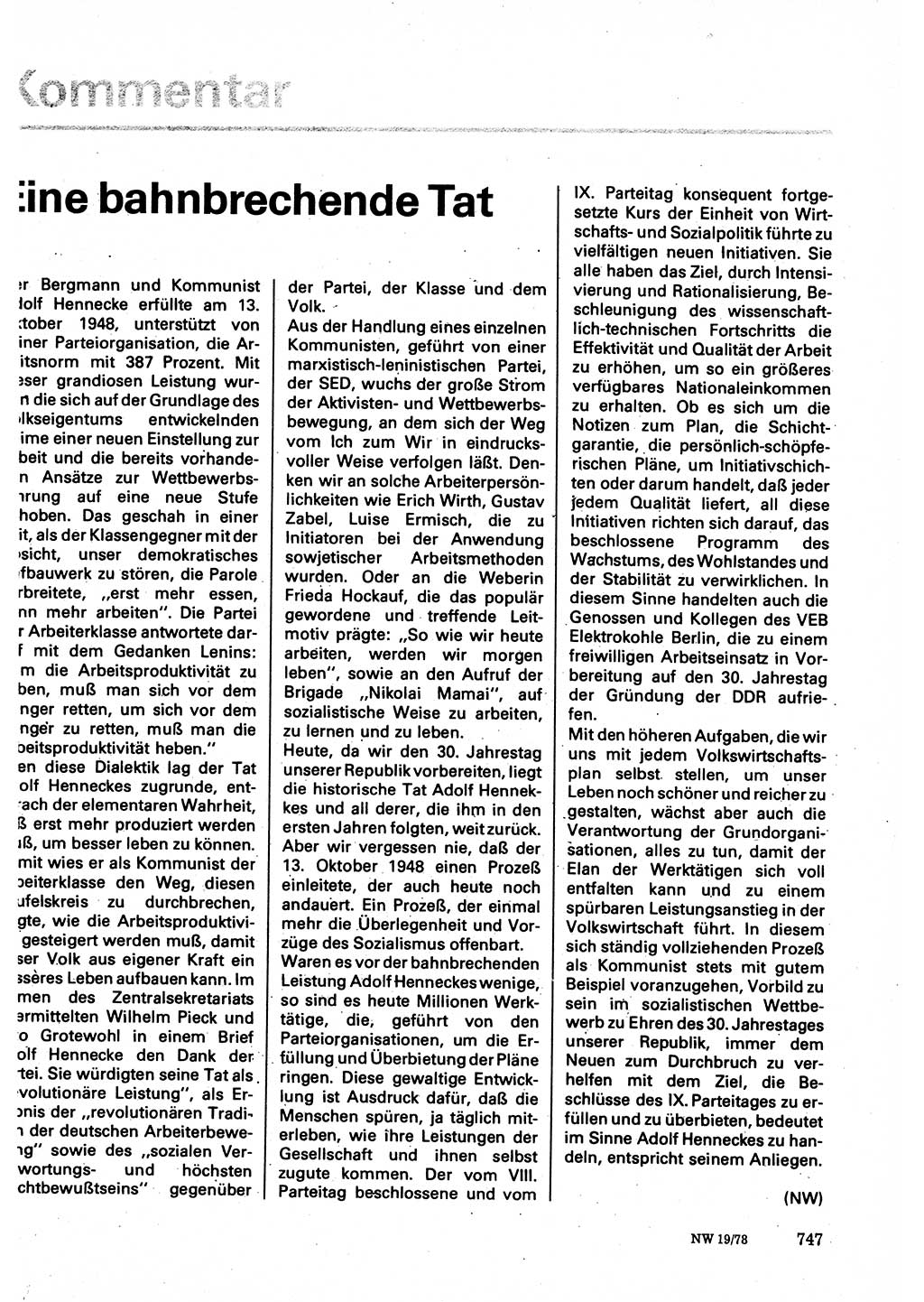 Neuer Weg (NW), Organ des Zentralkomitees (ZK) der SED (Sozialistische Einheitspartei Deutschlands) für Fragen des Parteilebens, 33. Jahrgang [Deutsche Demokratische Republik (DDR)] 1978, Seite 747 (NW ZK SED DDR 1978, S. 747)