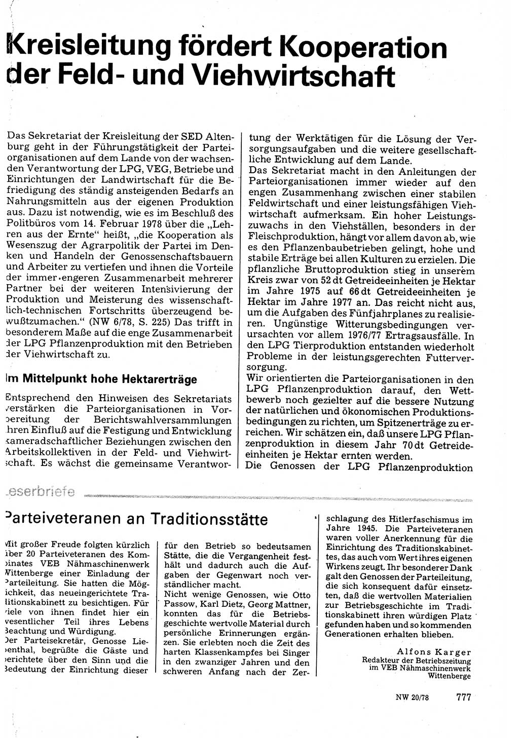 Neuer Weg (NW), Organ des Zentralkomitees (ZK) der SED (Sozialistische Einheitspartei Deutschlands) für Fragen des Parteilebens, 33. Jahrgang [Deutsche Demokratische Republik (DDR)] 1978, Seite 777 (NW ZK SED DDR 1978, S. 777)