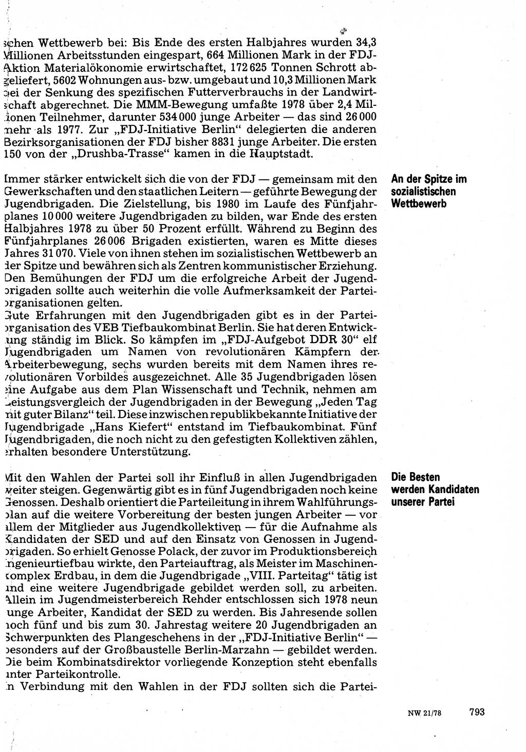 Neuer Weg (NW), Organ des Zentralkomitees (ZK) der SED (Sozialistische Einheitspartei Deutschlands) für Fragen des Parteilebens, 33. Jahrgang [Deutsche Demokratische Republik (DDR)] 1978, Seite 793 (NW ZK SED DDR 1978, S. 793)