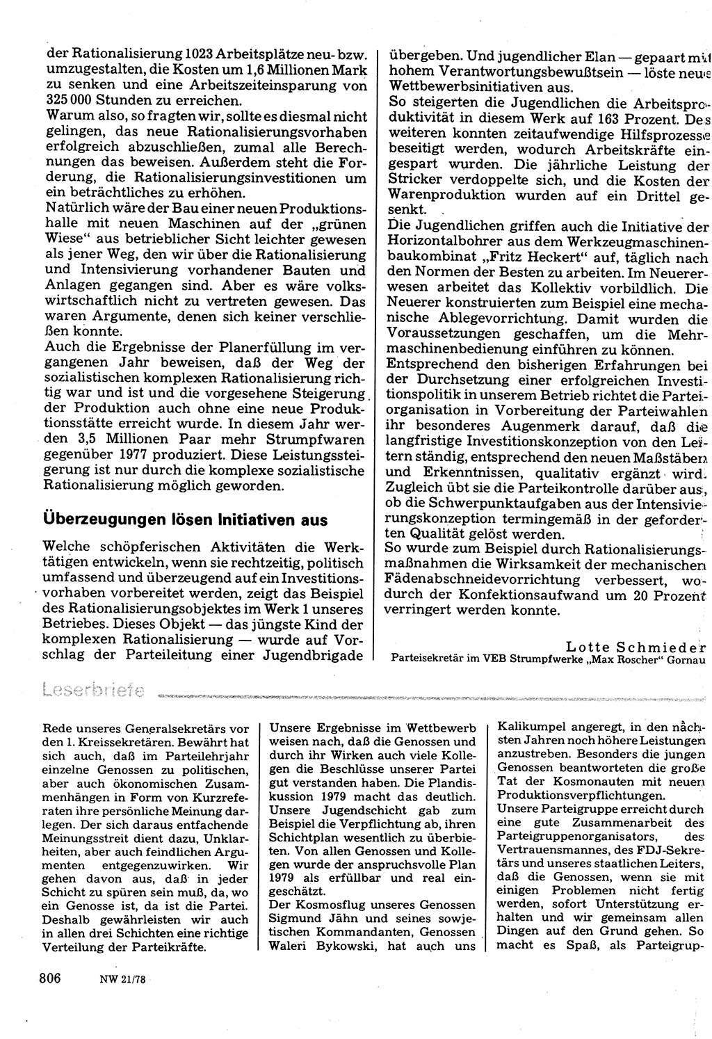 Neuer Weg (NW), Organ des Zentralkomitees (ZK) der SED (Sozialistische Einheitspartei Deutschlands) für Fragen des Parteilebens, 33. Jahrgang [Deutsche Demokratische Republik (DDR)] 1978, Seite 806 (NW ZK SED DDR 1978, S. 806)