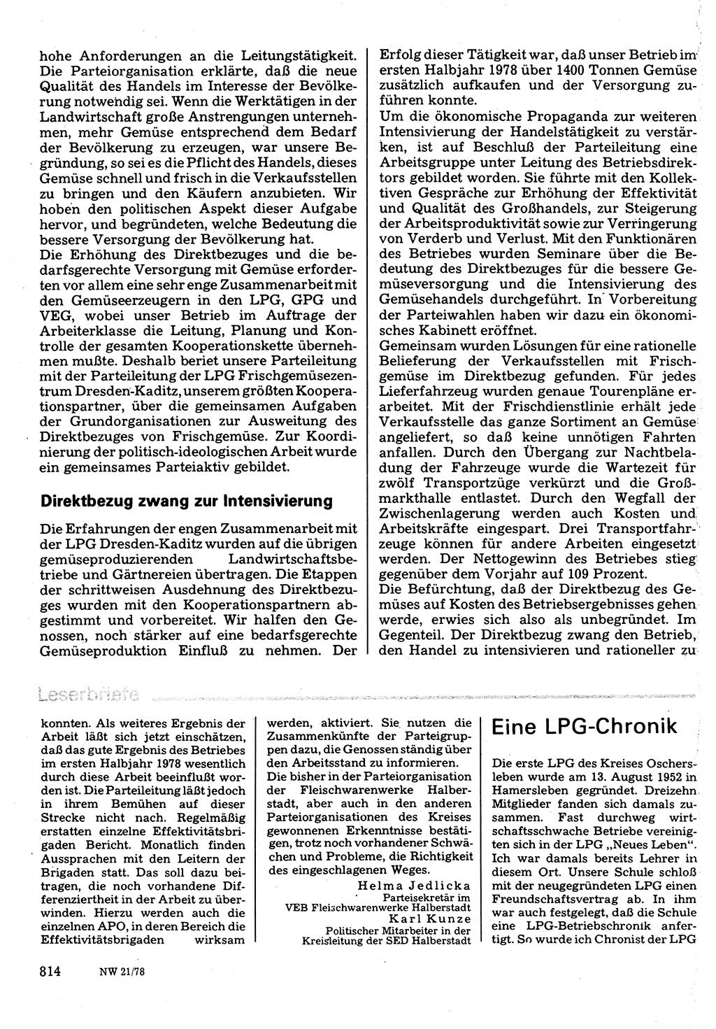 Neuer Weg (NW), Organ des Zentralkomitees (ZK) der SED (Sozialistische Einheitspartei Deutschlands) für Fragen des Parteilebens, 33. Jahrgang [Deutsche Demokratische Republik (DDR)] 1978, Seite 814 (NW ZK SED DDR 1978, S. 814)