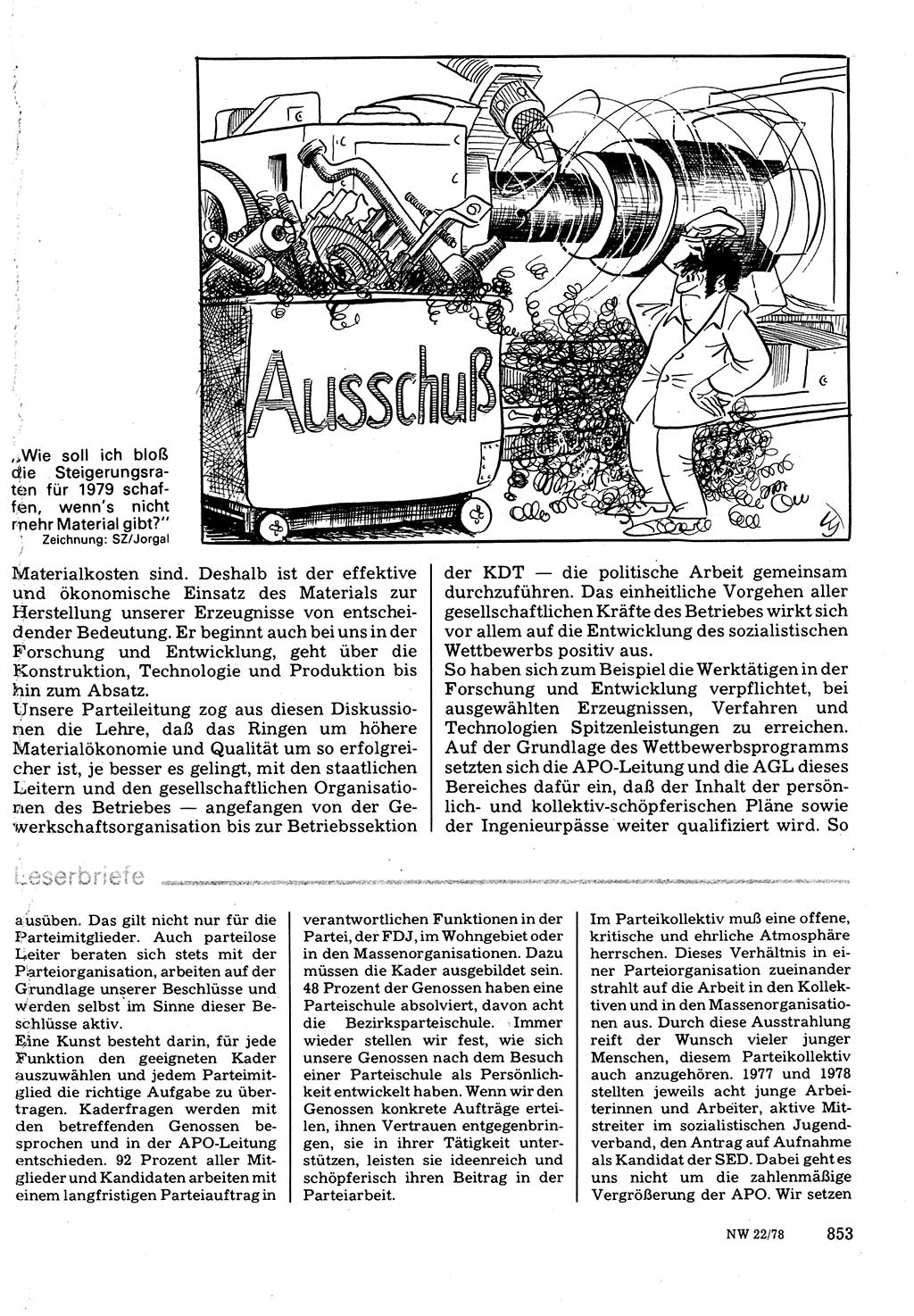 Neuer Weg (NW), Organ des Zentralkomitees (ZK) der SED (Sozialistische Einheitspartei Deutschlands) für Fragen des Parteilebens, 33. Jahrgang [Deutsche Demokratische Republik (DDR)] 1978, Seite 853 (NW ZK SED DDR 1978, S. 853)