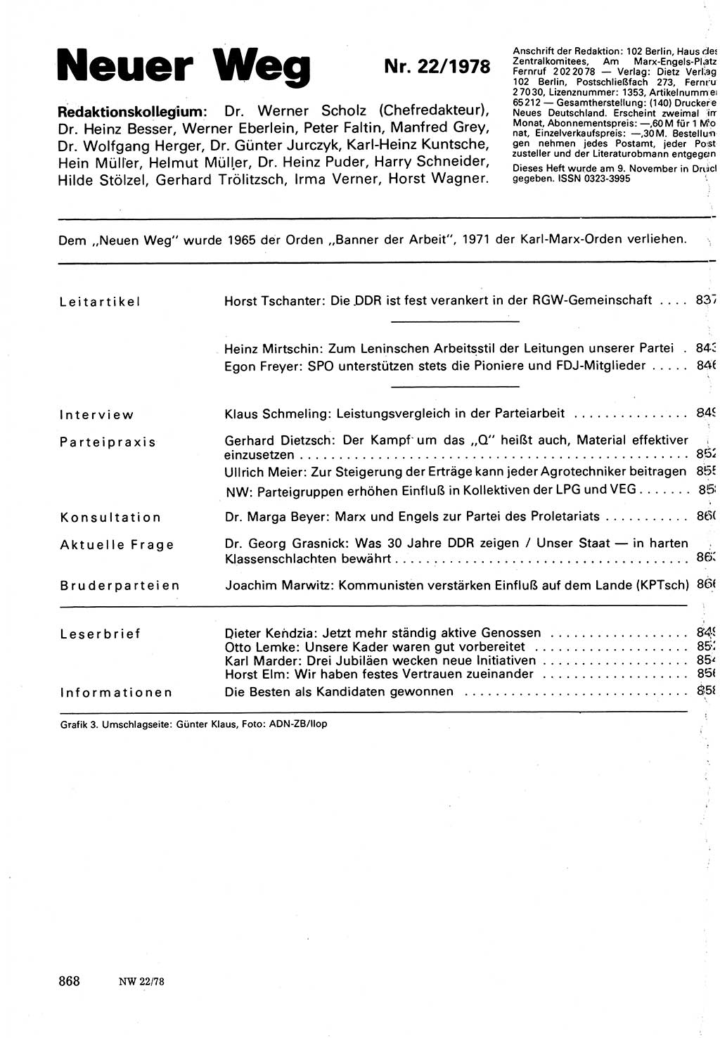 Neuer Weg (NW), Organ des Zentralkomitees (ZK) der SED (Sozialistische Einheitspartei Deutschlands) für Fragen des Parteilebens, 33. Jahrgang [Deutsche Demokratische Republik (DDR)] 1978, Seite 868 (NW ZK SED DDR 1978, S. 868)