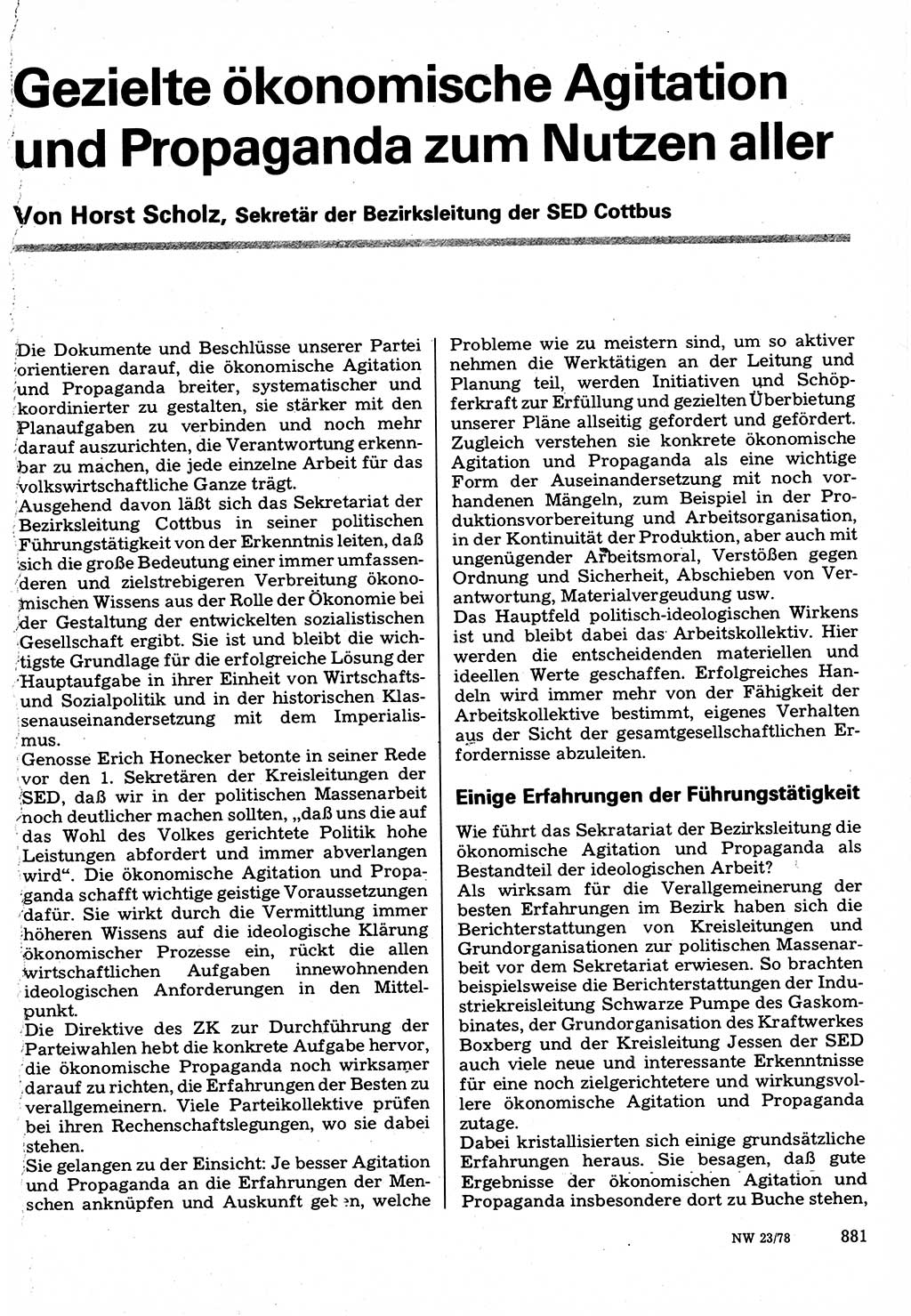 Neuer Weg (NW), Organ des Zentralkomitees (ZK) der SED (Sozialistische Einheitspartei Deutschlands) für Fragen des Parteilebens, 33. Jahrgang [Deutsche Demokratische Republik (DDR)] 1978, Seite 881 (NW ZK SED DDR 1978, S. 881)