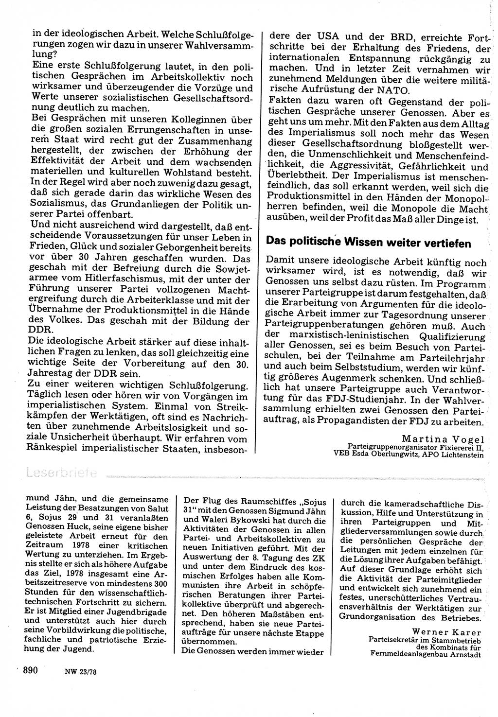 Neuer Weg (NW), Organ des Zentralkomitees (ZK) der SED (Sozialistische Einheitspartei Deutschlands) für Fragen des Parteilebens, 33. Jahrgang [Deutsche Demokratische Republik (DDR)] 1978, Seite 890 (NW ZK SED DDR 1978, S. 890)