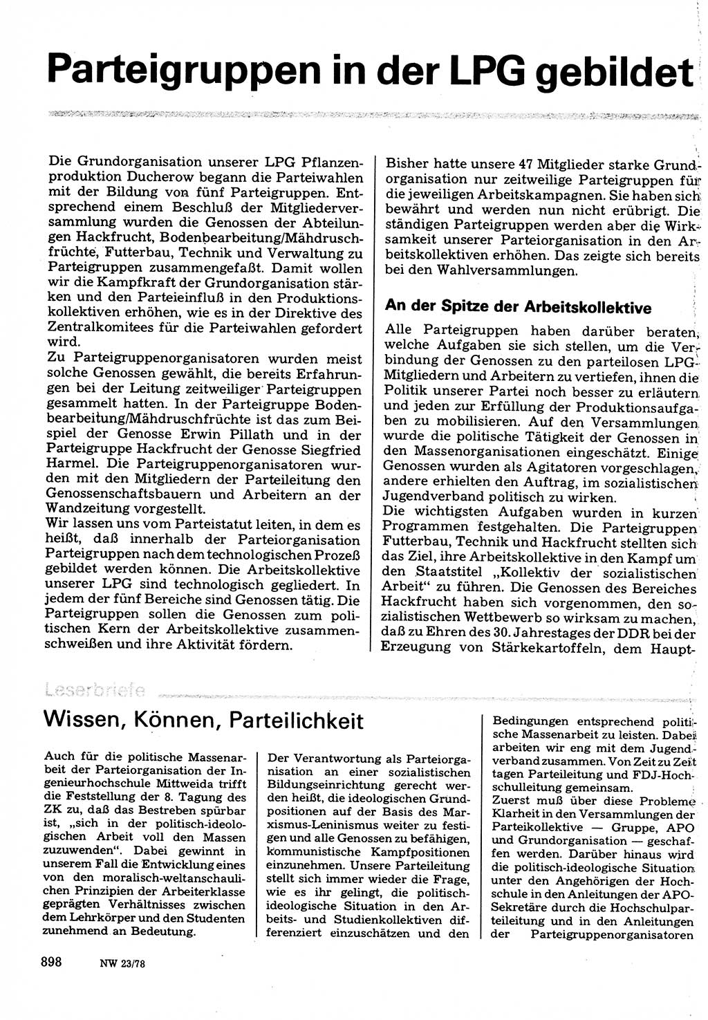 Neuer Weg (NW), Organ des Zentralkomitees (ZK) der SED (Sozialistische Einheitspartei Deutschlands) für Fragen des Parteilebens, 33. Jahrgang [Deutsche Demokratische Republik (DDR)] 1978, Seite 898 (NW ZK SED DDR 1978, S. 898)