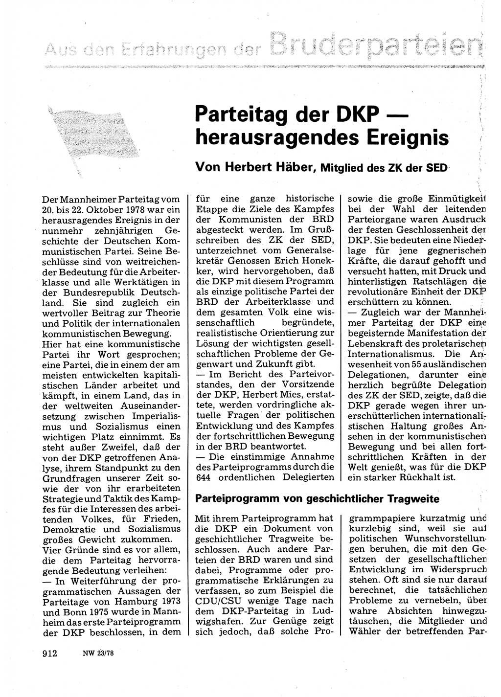 Neuer Weg (NW), Organ des Zentralkomitees (ZK) der SED (Sozialistische Einheitspartei Deutschlands) für Fragen des Parteilebens, 33. Jahrgang [Deutsche Demokratische Republik (DDR)] 1978, Seite 912 (NW ZK SED DDR 1978, S. 912)