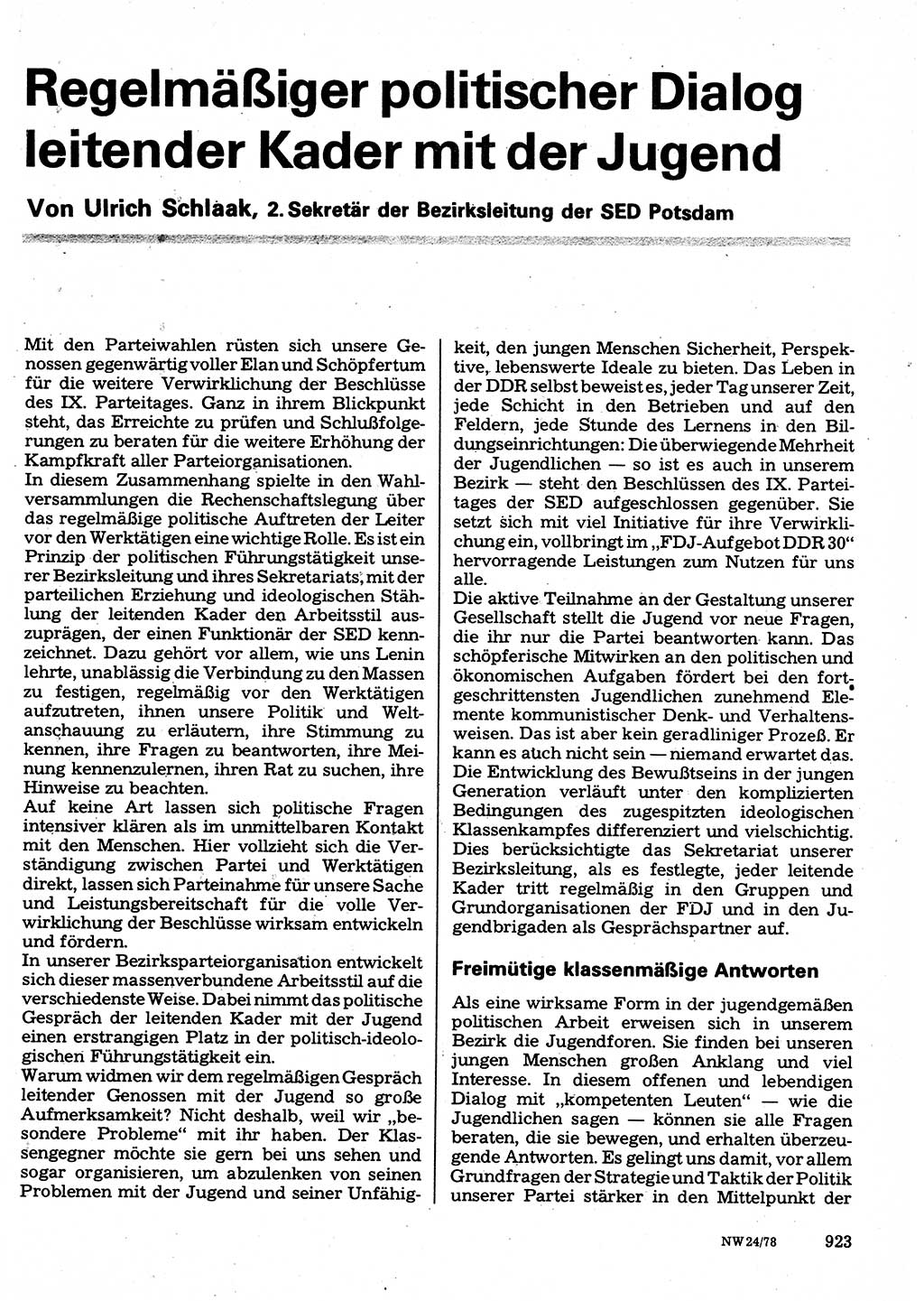 Neuer Weg (NW), Organ des Zentralkomitees (ZK) der SED (Sozialistische Einheitspartei Deutschlands) für Fragen des Parteilebens, 33. Jahrgang [Deutsche Demokratische Republik (DDR)] 1978, Seite 923 (NW ZK SED DDR 1978, S. 923)