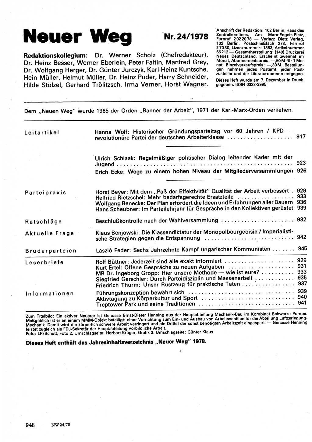 Neuer Weg (NW), Organ des Zentralkomitees (ZK) der SED (Sozialistische Einheitspartei Deutschlands) für Fragen des Parteilebens, 33. Jahrgang [Deutsche Demokratische Republik (DDR)] 1978, Seite 948 (NW ZK SED DDR 1978, S. 948)