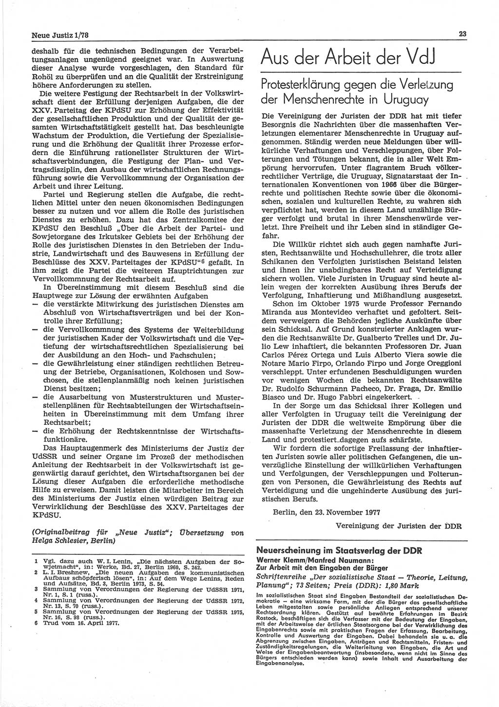 Neue Justiz (NJ), Zeitschrift für sozialistisches Recht und Gesetzlichkeit [Deutsche Demokratische Republik (DDR)], 32. Jahrgang 1978, Seite 23 (NJ DDR 1978, S. 23)