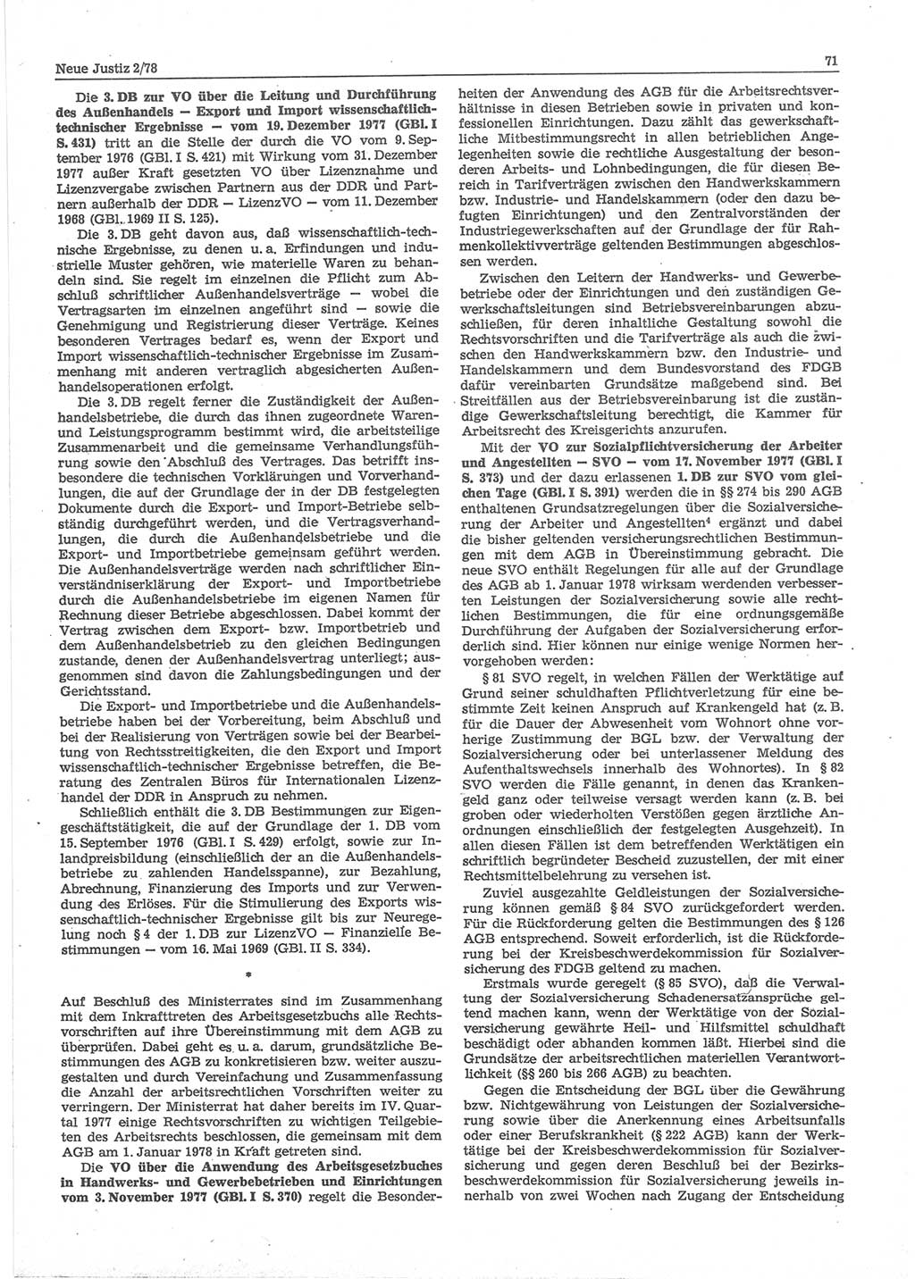 Neue Justiz (NJ), Zeitschrift für sozialistisches Recht und Gesetzlichkeit [Deutsche Demokratische Republik (DDR)], 32. Jahrgang 1978, Seite 71 (NJ DDR 1978, S. 71)