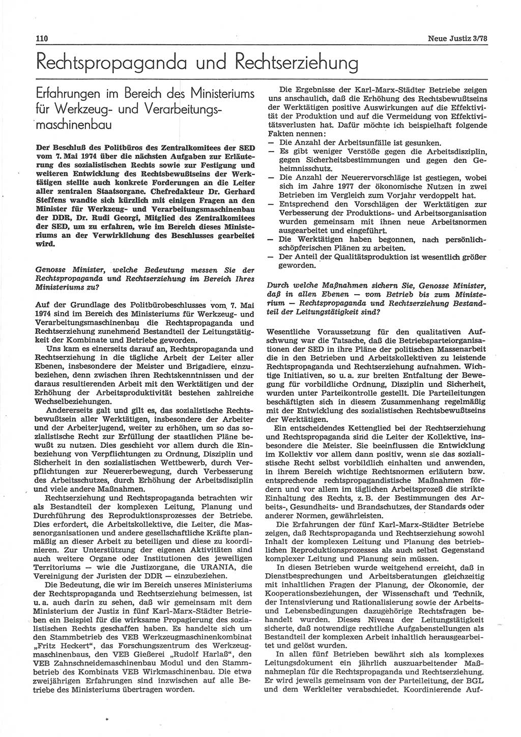 Neue Justiz (NJ), Zeitschrift für sozialistisches Recht und Gesetzlichkeit [Deutsche Demokratische Republik (DDR)], 32. Jahrgang 1978, Seite 110 (NJ DDR 1978, S. 110)