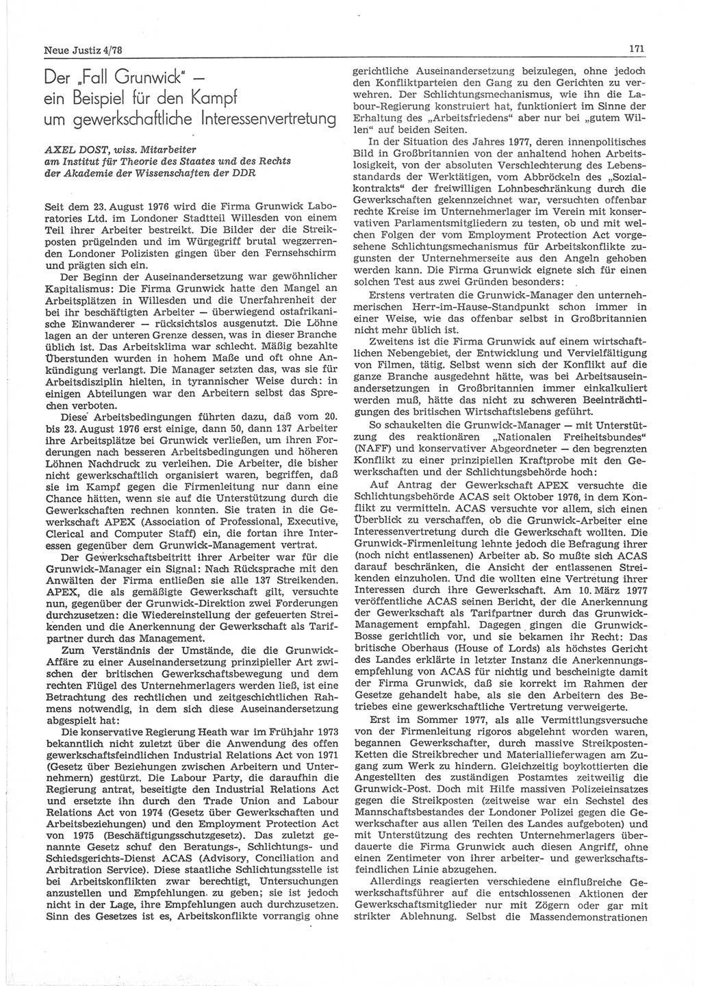 Neue Justiz (NJ), Zeitschrift für sozialistisches Recht und Gesetzlichkeit [Deutsche Demokratische Republik (DDR)], 32. Jahrgang 1978, Seite 171 (NJ DDR 1978, S. 171)