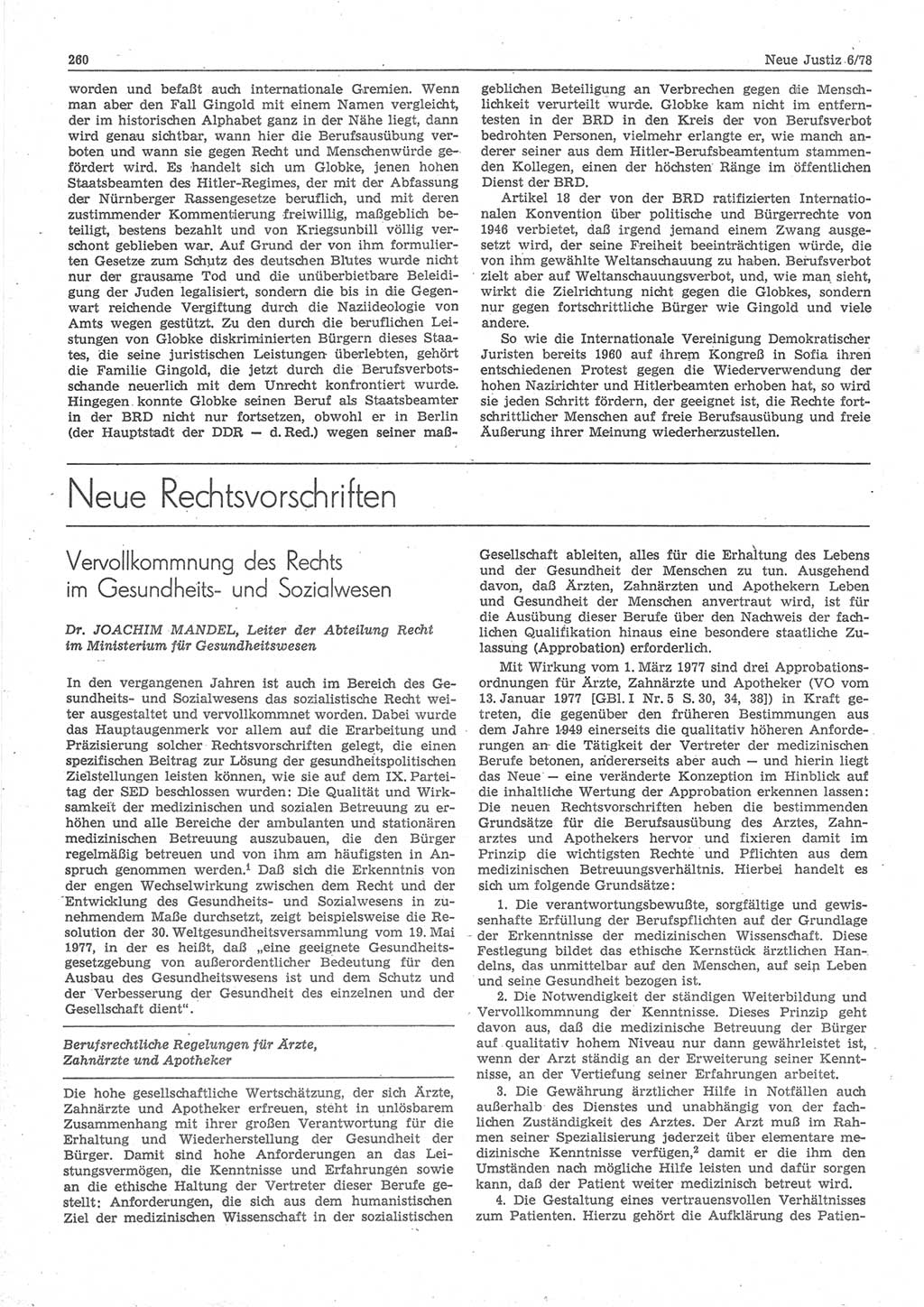 Neue Justiz (NJ), Zeitschrift für sozialistisches Recht und Gesetzlichkeit [Deutsche Demokratische Republik (DDR)], 32. Jahrgang 1978, Seite 260 (NJ DDR 1978, S. 260)