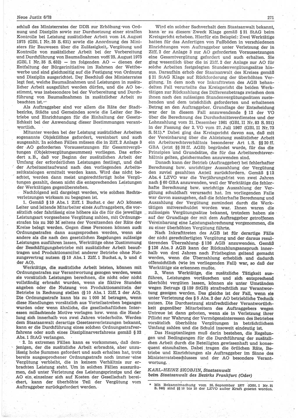 Neue Justiz (NJ), Zeitschrift für sozialistisches Recht und Gesetzlichkeit [Deutsche Demokratische Republik (DDR)], 32. Jahrgang 1978, Seite 271 (NJ DDR 1978, S. 271)