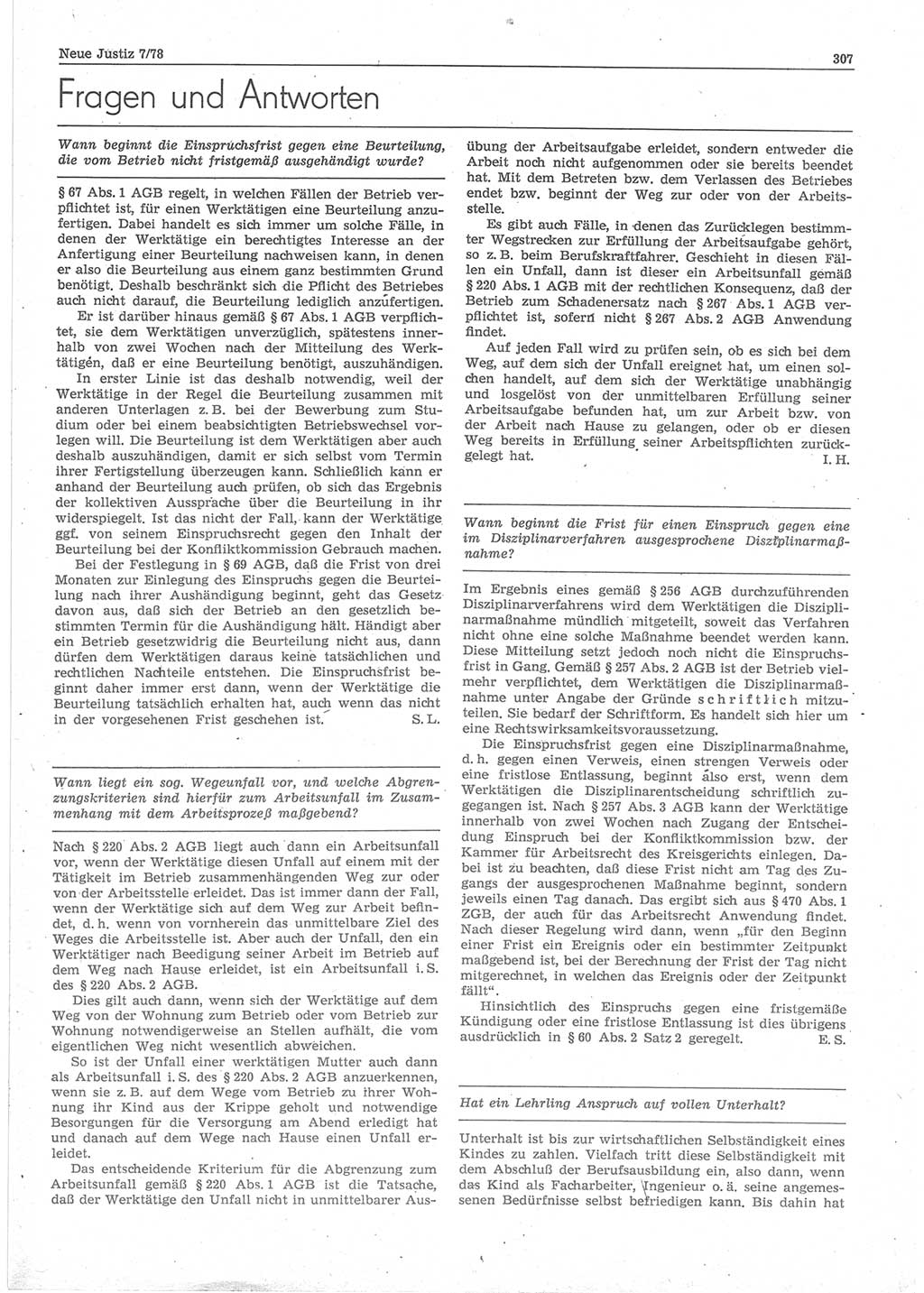 Neue Justiz (NJ), Zeitschrift für sozialistisches Recht und Gesetzlichkeit [Deutsche Demokratische Republik (DDR)], 32. Jahrgang 1978, Seite 307 (NJ DDR 1978, S. 307)