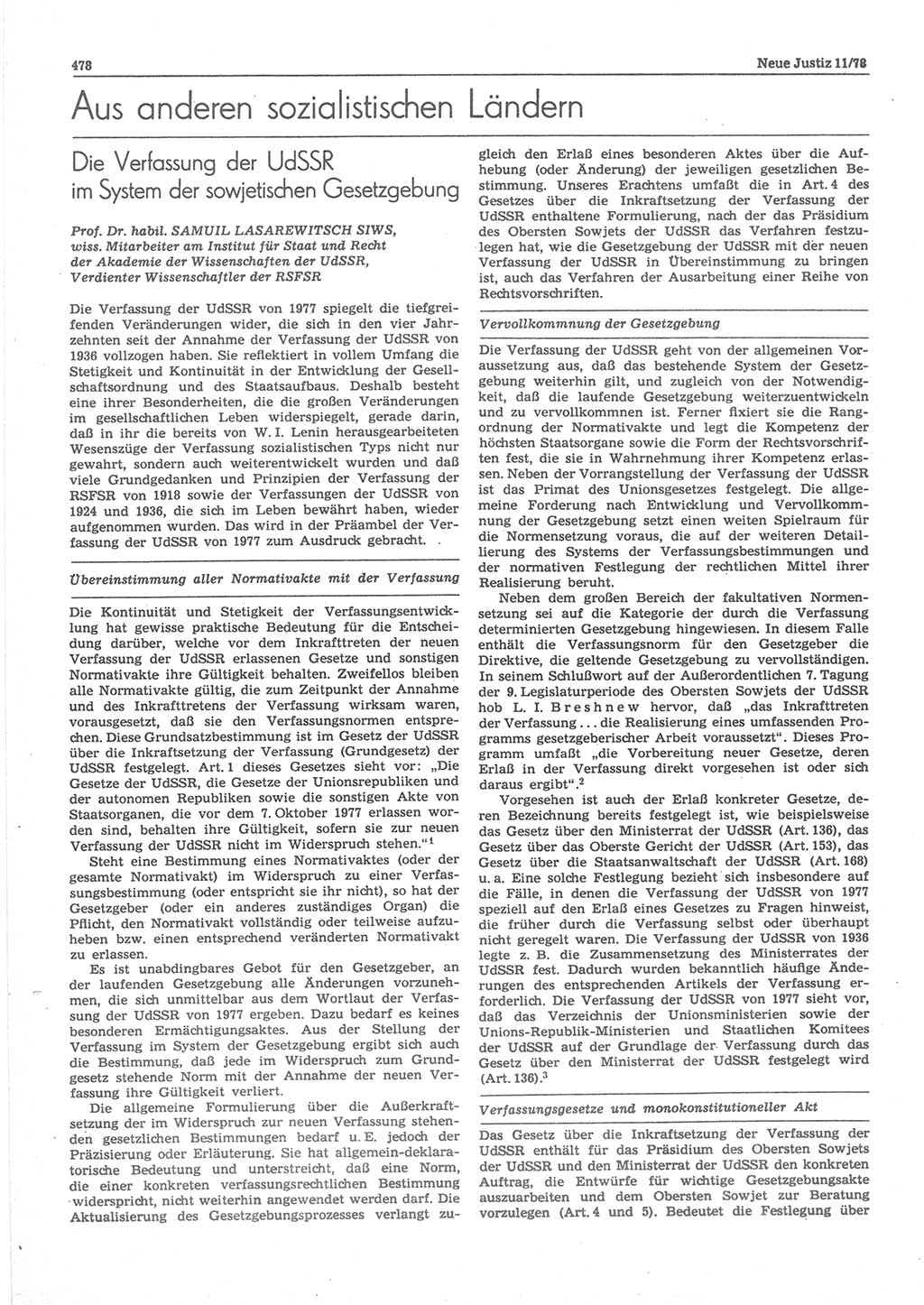 Neue Justiz (NJ), Zeitschrift für sozialistisches Recht und Gesetzlichkeit [Deutsche Demokratische Republik (DDR)], 32. Jahrgang 1978, Seite 478 (NJ DDR 1978, S. 478)