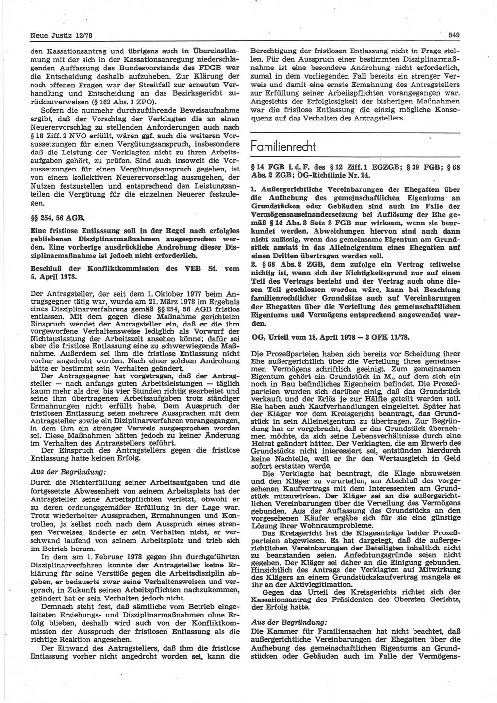Neue Justiz (NJ), Zeitschrift für sozialistisches Recht und Gesetzlichkeit [Deutsche Demokratische Republik (DDR)], 32. Jahrgang 1978, Seite 549 (NJ DDR 1978, S. 549)