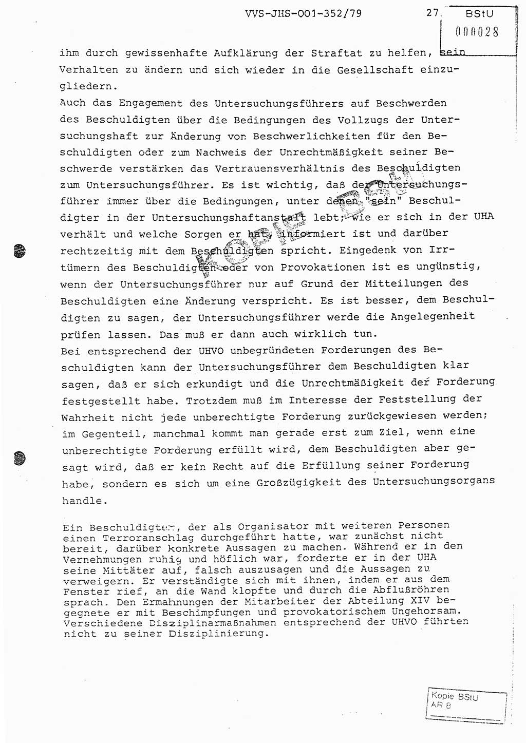 Diplomarbeit Hauptmann Peter Wittum (BV Bln. Abt. HA Ⅸ), Ministerium für Staatssicherheit (MfS) [Deutsche Demokratische Republik (DDR)], Juristische Hochschule (JHS), Vertrauliche Verschlußsache (VVS) o001-352/79, Potsdam 1979, Seite 27 (Dipl.-Arb. MfS DDR JHS VVS o001-352/79 1979, S. 27)