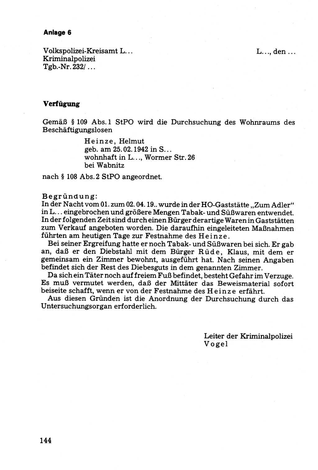 Die Durchsuchung und die Beschlagnahme [Deutsche Demokratische Republik (DDR)] 1979, Seite 144 (Durchs. Beschl. DDR 1979, S. 144)