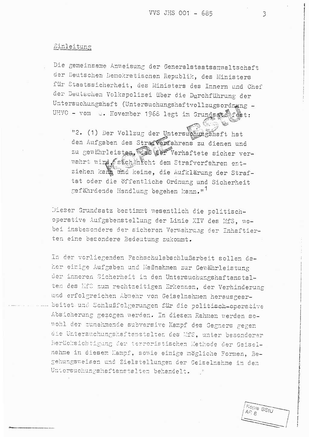 Fachschulabschlußarbeit Oberleutnant Helmut Peckruhn (BV Bln. Abt. ⅩⅣ), Ministerium für Staatssicherheit (MfS) [Deutsche Demokratische Republik (DDR)], Juristische Hochschule (JHS), Vertrauliche Verschlußsache (VVS) 001-685/79, Potsdam 1979, Seite 3 (FS-Abschl.-Arb. MfS DDR JHS VVS 001-685/79 1979, S. 3)