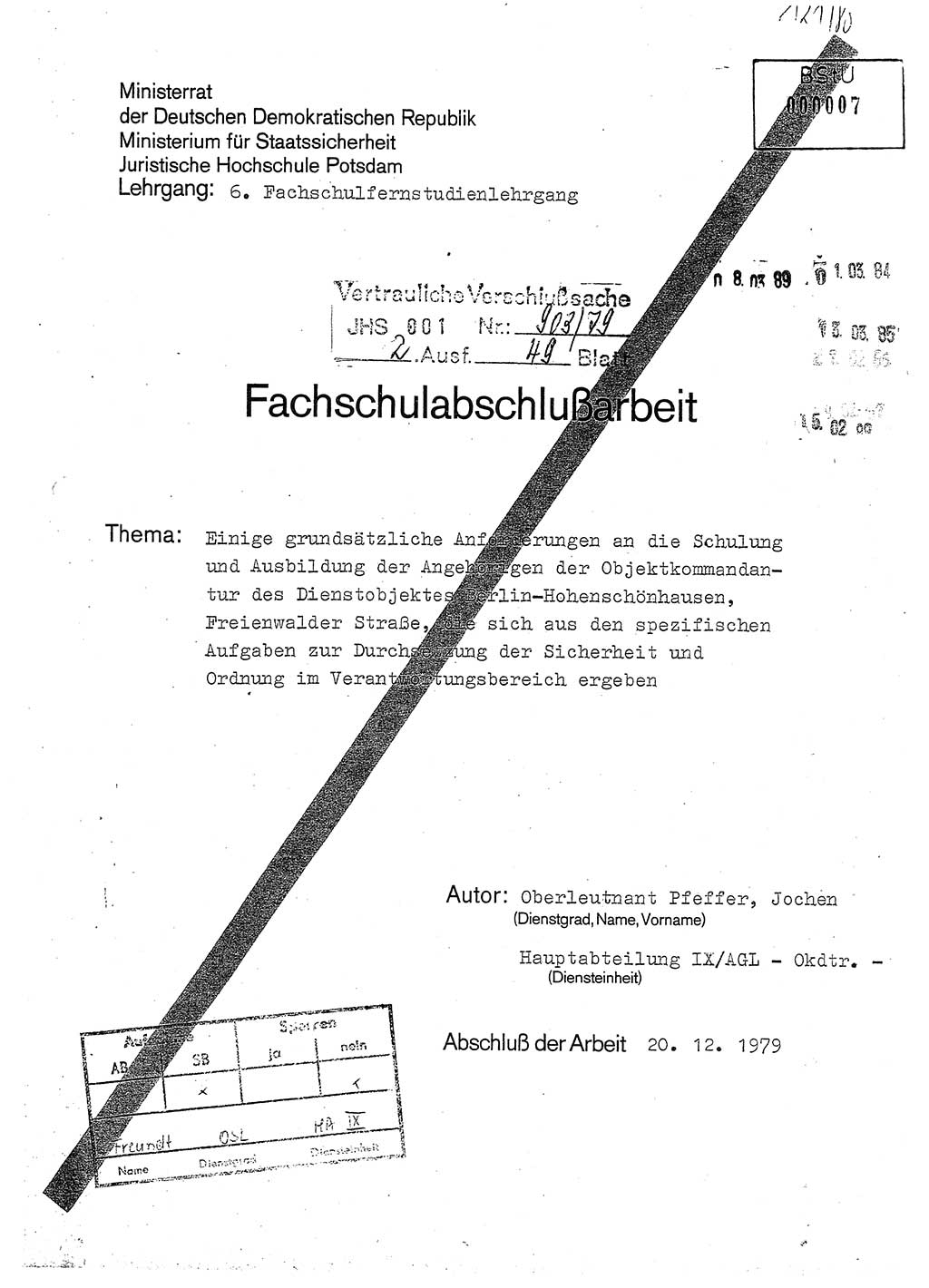 Fachschulabschlußarbeit Oberleutnant Jochen Pfeffer (HA Ⅸ/AGL), Ministerium für Staatssicherheit (MfS) [Deutsche Demokratische Republik (DDR)], Juristische Hochschule (JHS), Vertrauliche Verschlußsache (VVS) 001-903/79, Potsdam 1979, Seite 1 (FS-Abschl.-Arb. MfS DDR JHS VVS 001-903/79 1979, S. 1)