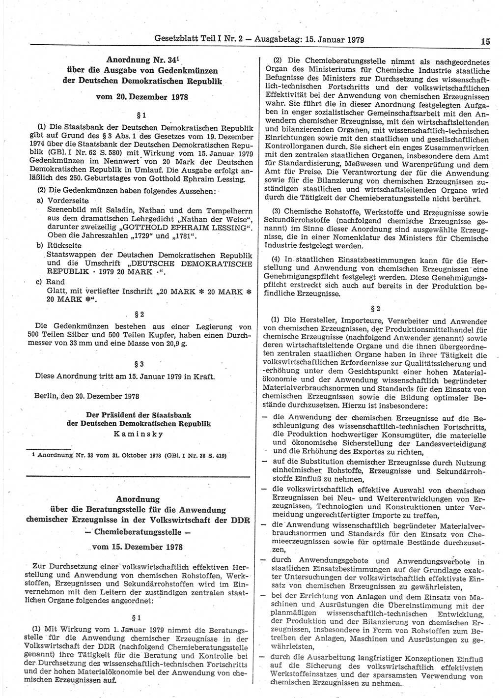 Gesetzblatt (GBl.) der Deutschen Demokratischen Republik (DDR) Teil Ⅰ 1979, Seite 15 (GBl. DDR Ⅰ 1979, S. 15)