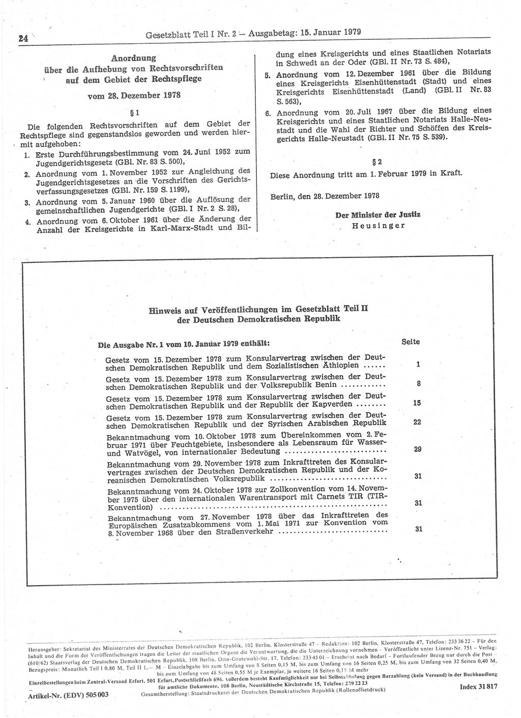 Gesetzblatt (GBl.) der Deutschen Demokratischen Republik (DDR) Teil Ⅰ 1979, Seite 24 (GBl. DDR Ⅰ 1979, S. 24)
