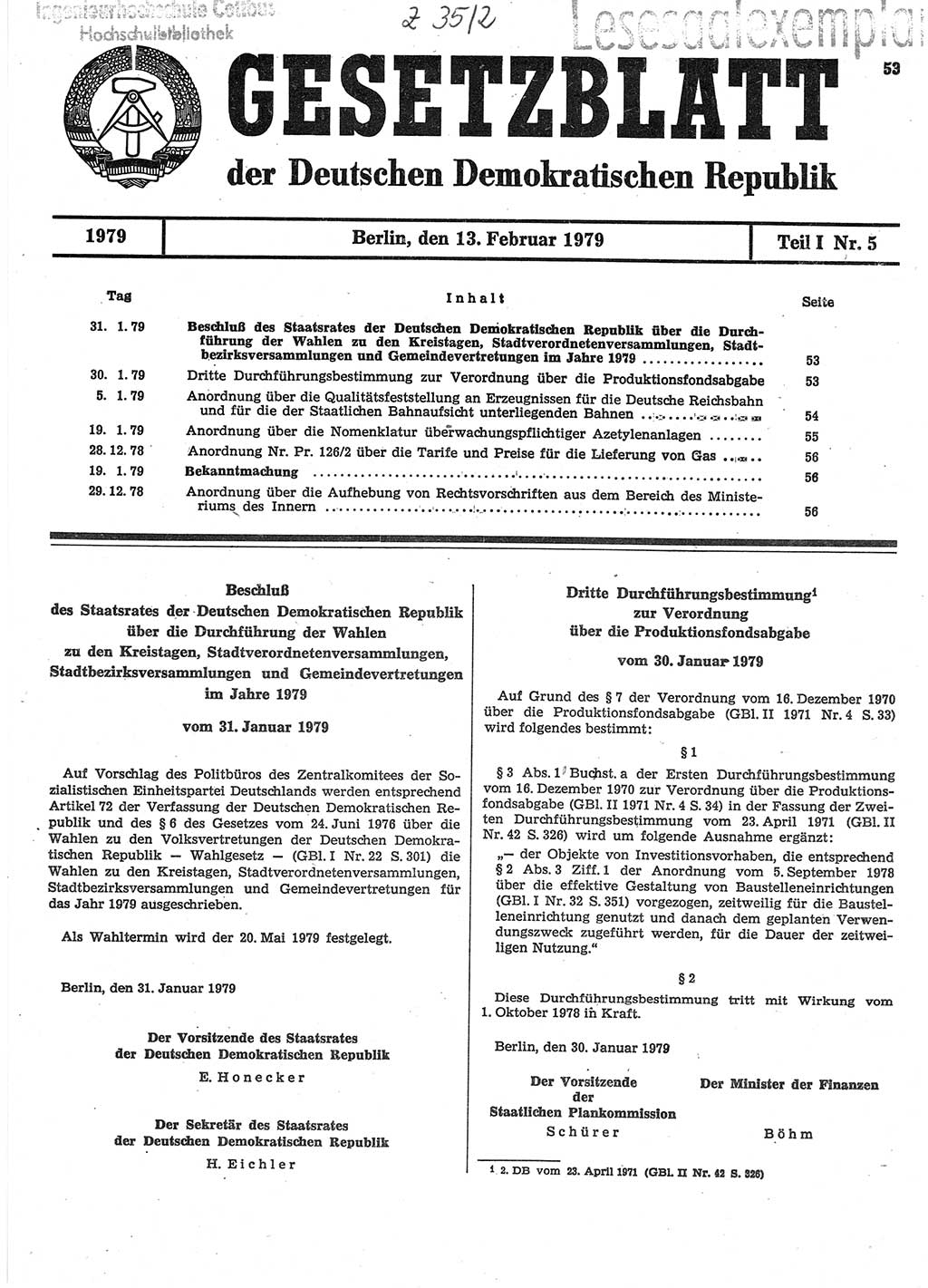 Gesetzblatt (GBl.) der Deutschen Demokratischen Republik (DDR) Teil Ⅰ 1979, Seite 53 (GBl. DDR Ⅰ 1979, S. 53)