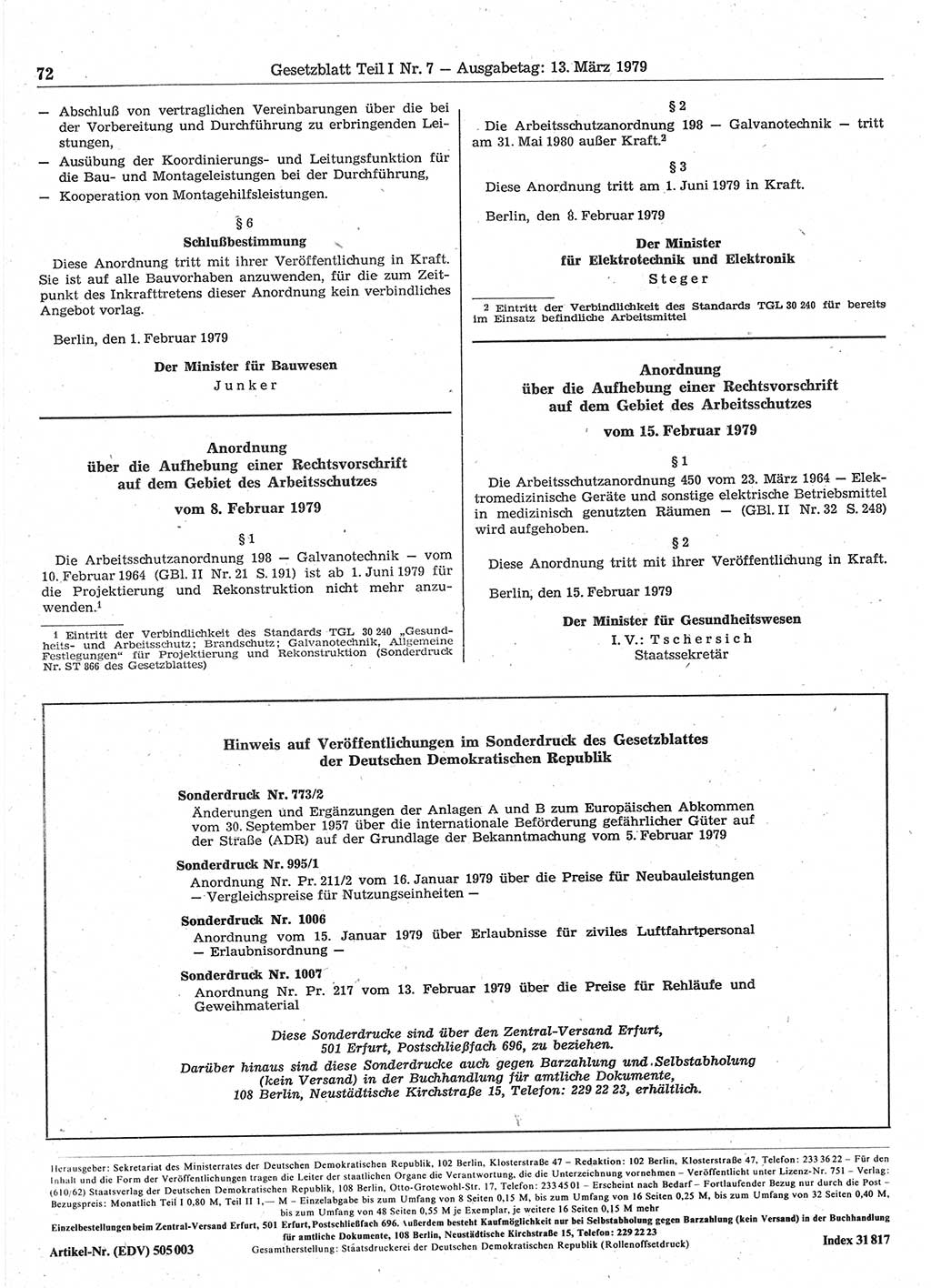 Gesetzblatt (GBl.) der Deutschen Demokratischen Republik (DDR) Teil Ⅰ 1979, Seite 72 (GBl. DDR Ⅰ 1979, S. 72)