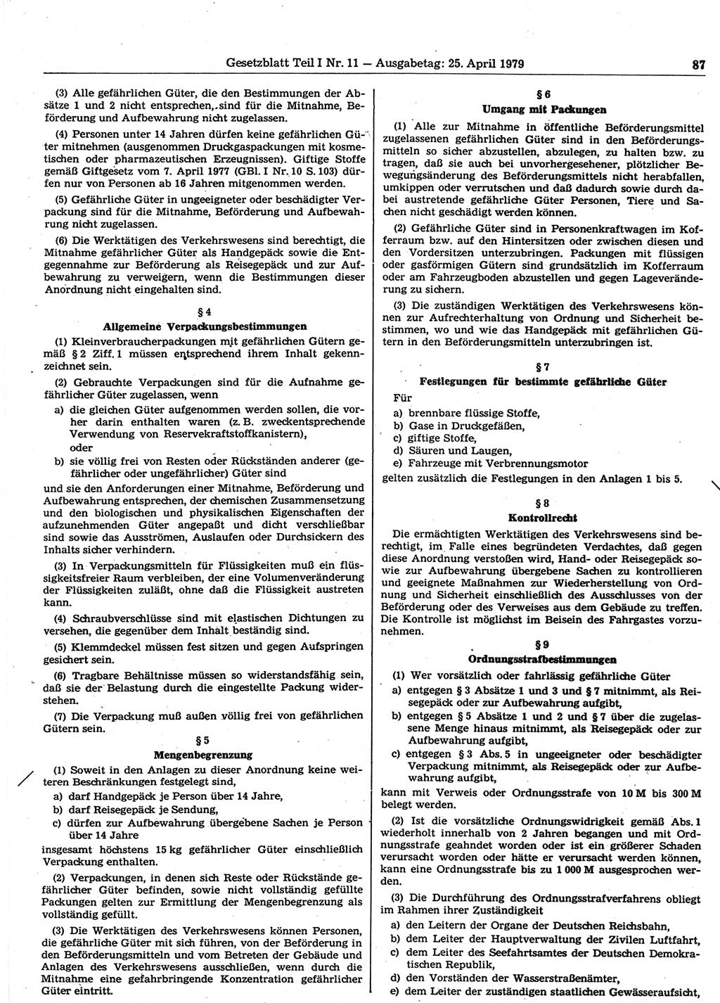 Gesetzblatt (GBl.) der Deutschen Demokratischen Republik (DDR) Teil Ⅰ 1979, Seite 87 (GBl. DDR Ⅰ 1979, S. 87)