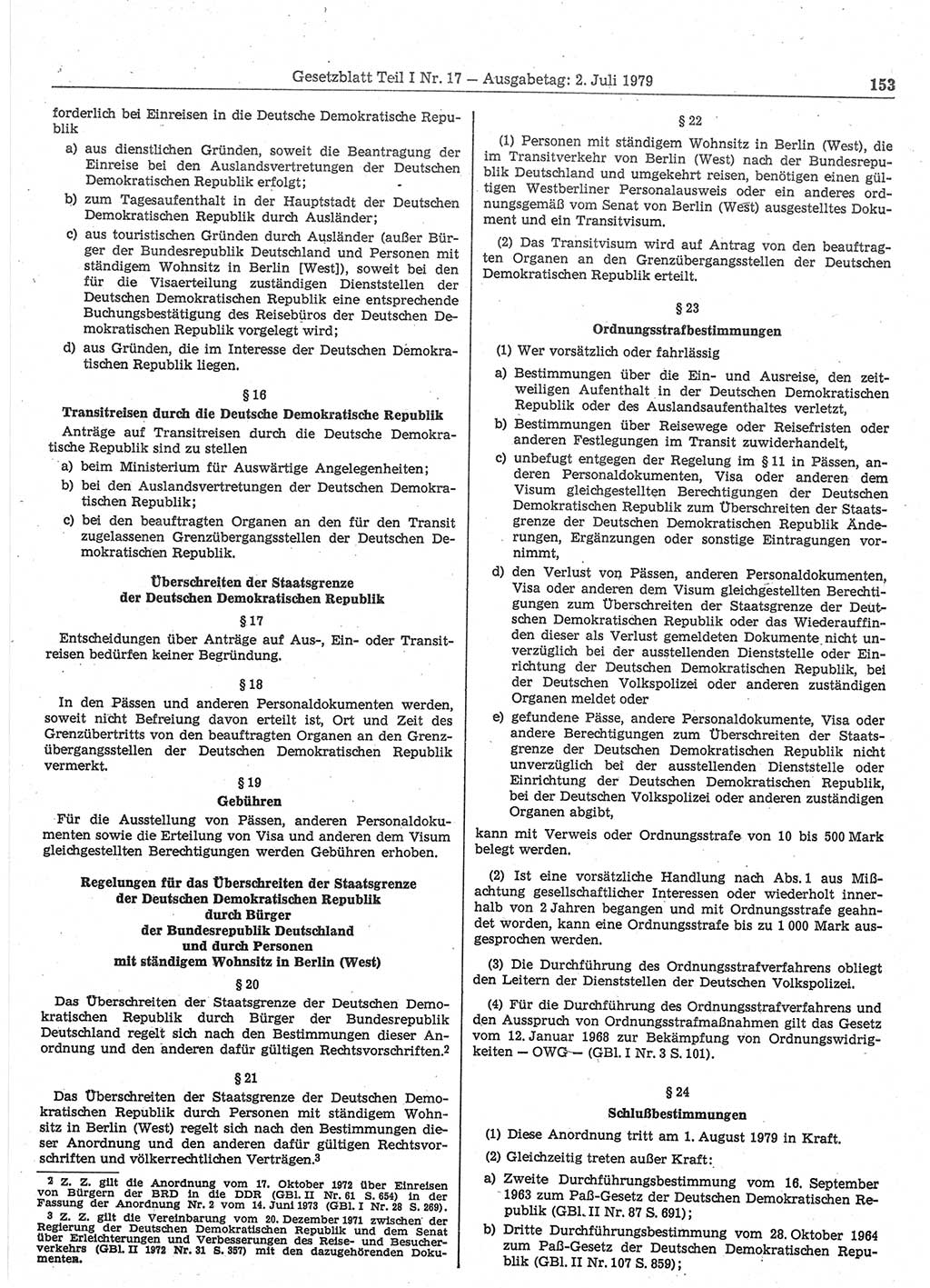 Gesetzblatt (GBl.) der Deutschen Demokratischen Republik (DDR) Teil Ⅰ 1979, Seite 153 (GBl. DDR Ⅰ 1979, S. 153)