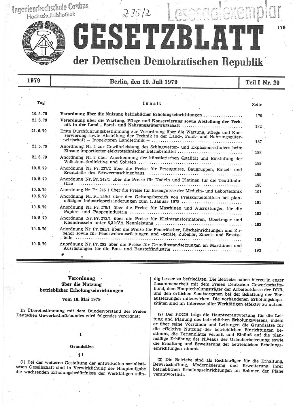 Gesetzblatt (GBl.) der Deutschen Demokratischen Republik (DDR) Teil Ⅰ 1979, Seite 179 (GBl. DDR Ⅰ 1979, S. 179)