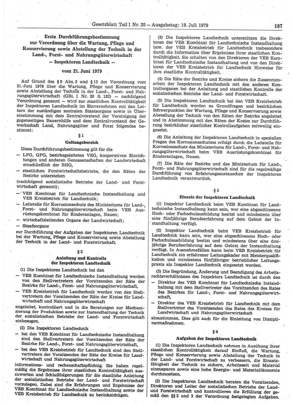 Gesetzblatt (GBl.) der Deutschen Demokratischen Republik (DDR) Teil Ⅰ 1979, Seite 187 (GBl. DDR Ⅰ 1979, S. 187)