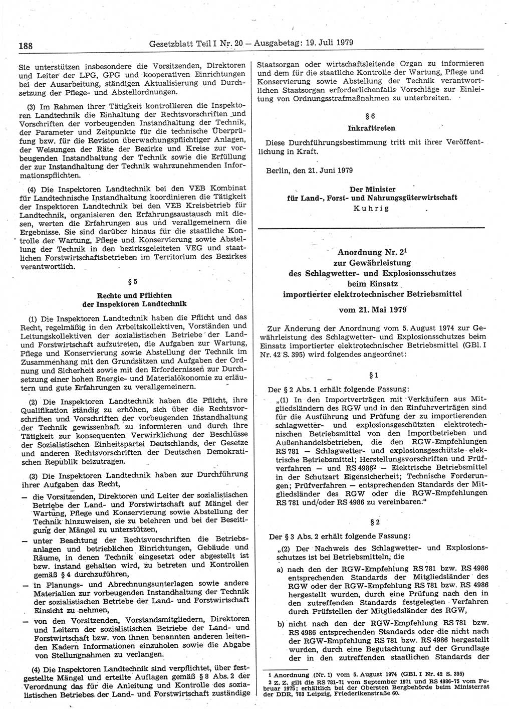 Gesetzblatt (GBl.) der Deutschen Demokratischen Republik (DDR) Teil Ⅰ 1979, Seite 188 (GBl. DDR Ⅰ 1979, S. 188)