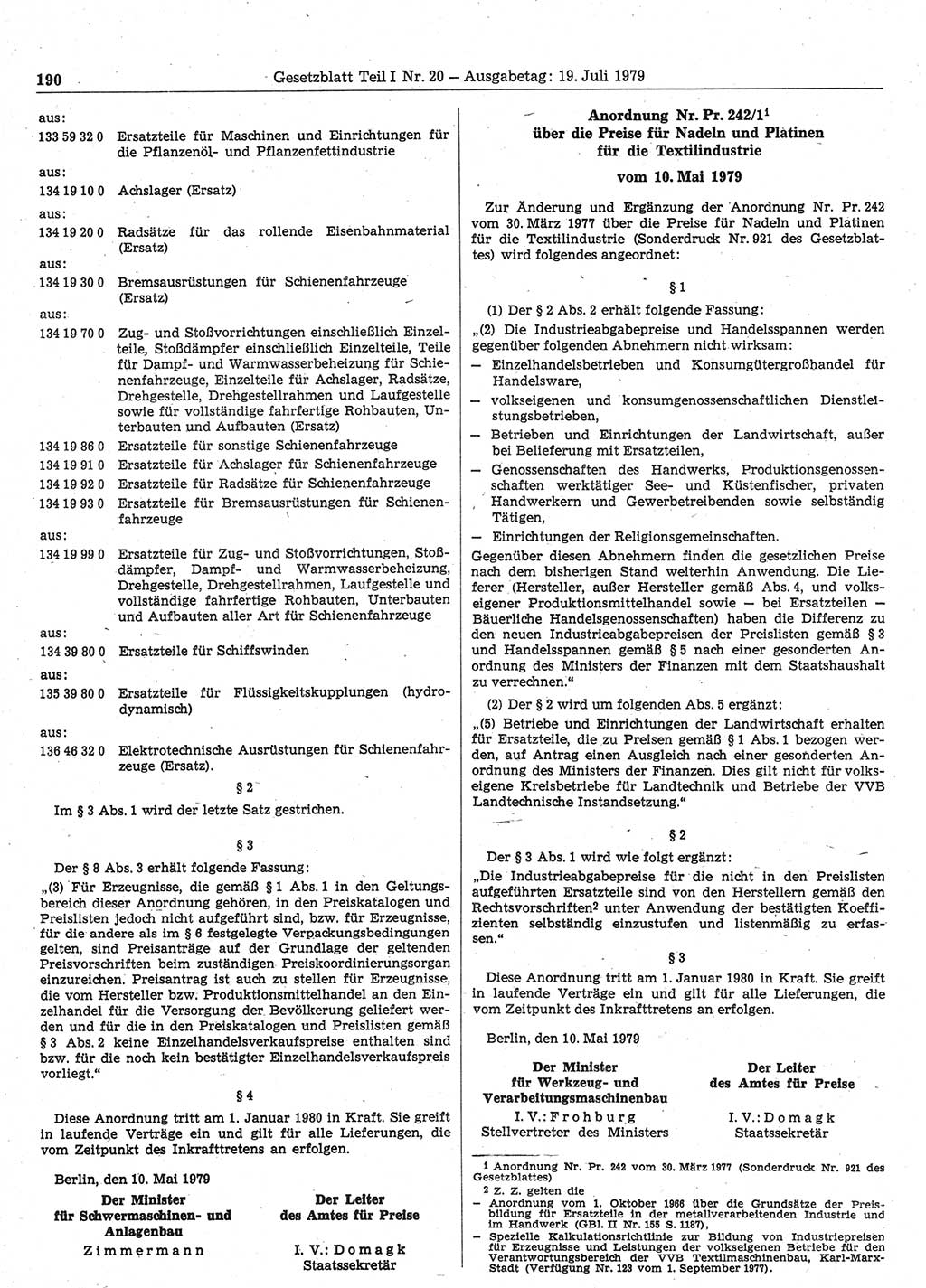 Gesetzblatt (GBl.) der Deutschen Demokratischen Republik (DDR) Teil Ⅰ 1979, Seite 190 (GBl. DDR Ⅰ 1979, S. 190)