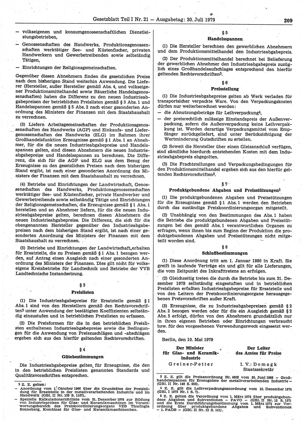 Gesetzblatt (GBl.) der Deutschen Demokratischen Republik (DDR) Teil Ⅰ 1979, Seite 209 (GBl. DDR Ⅰ 1979, S. 209)