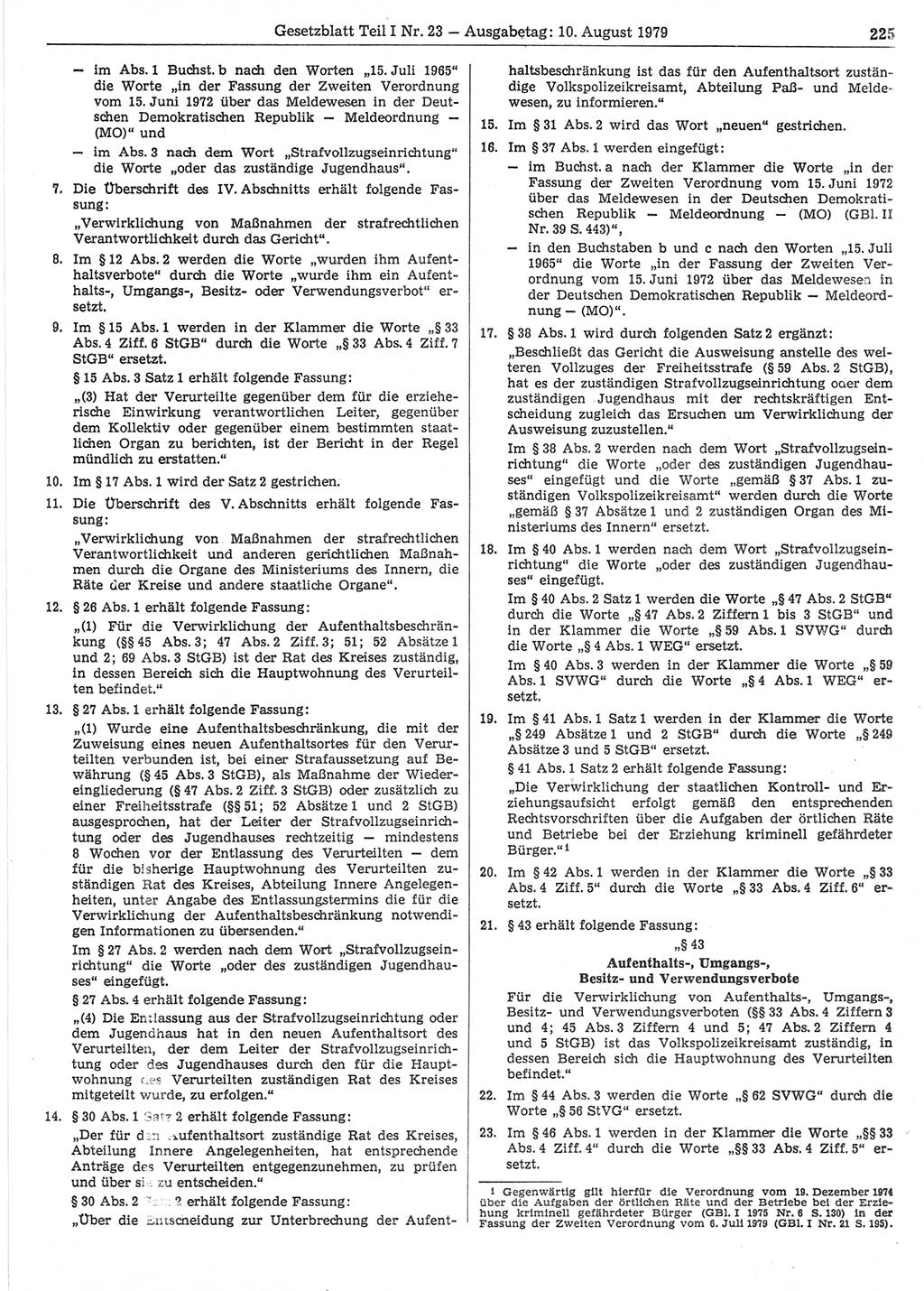 Gesetzblatt (GBl.) der Deutschen Demokratischen Republik (DDR) Teil Ⅰ 1979, Seite 225 (GBl. DDR Ⅰ 1979, S. 225)