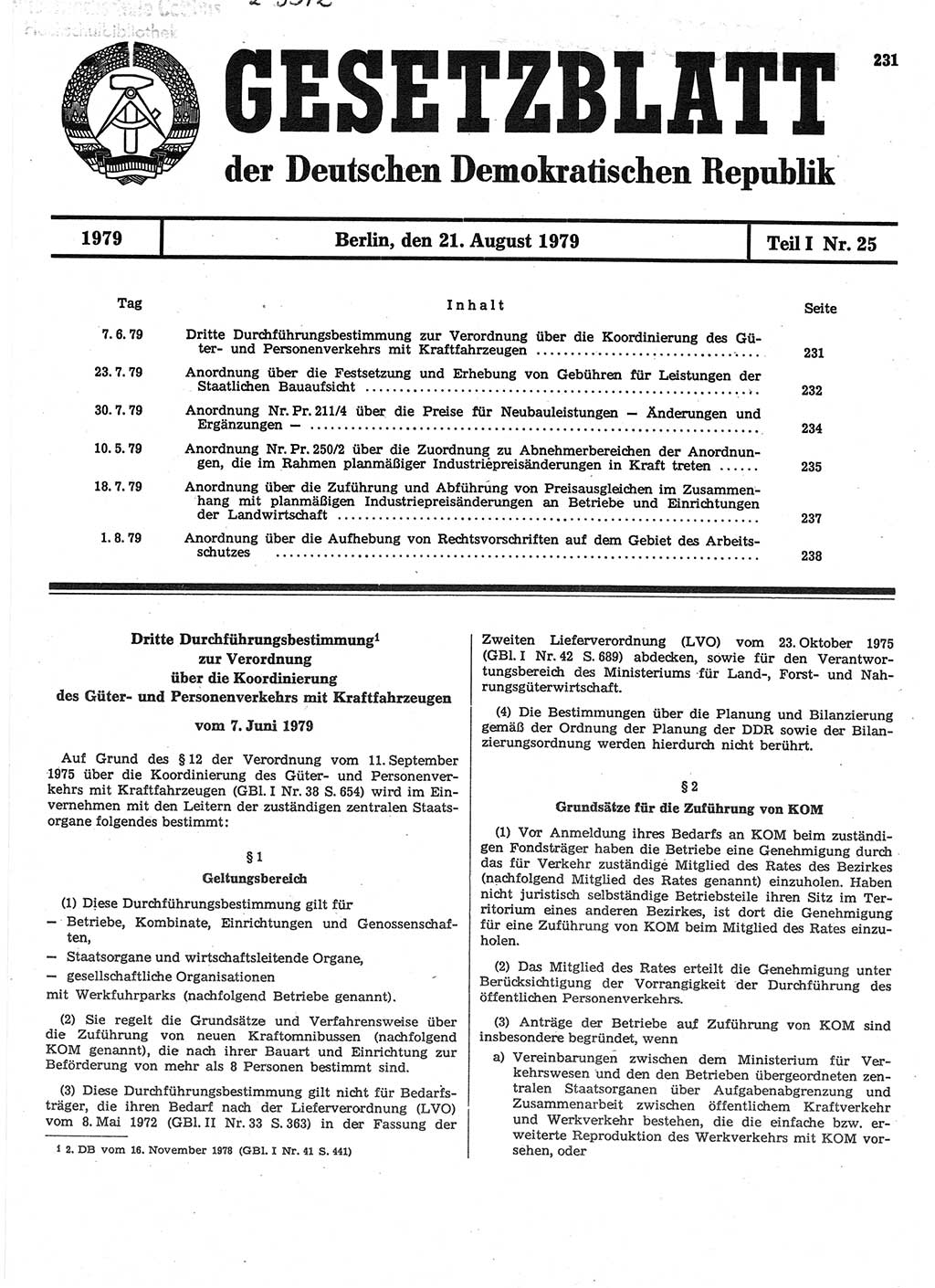 Gesetzblatt (GBl.) der Deutschen Demokratischen Republik (DDR) Teil Ⅰ 1979, Seite 231 (GBl. DDR Ⅰ 1979, S. 231)