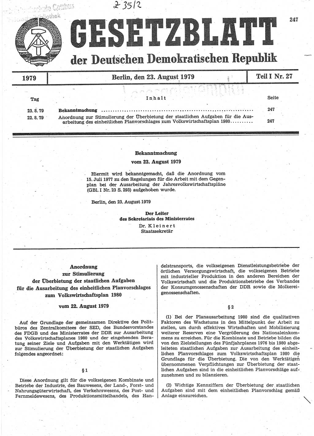 Gesetzblatt (GBl.) der Deutschen Demokratischen Republik (DDR) Teil Ⅰ 1979, Seite 247 (GBl. DDR Ⅰ 1979, S. 247)