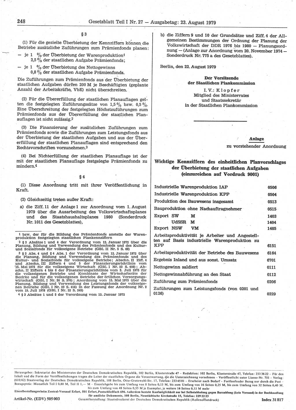 Gesetzblatt (GBl.) der Deutschen Demokratischen Republik (DDR) Teil Ⅰ 1979, Seite 248 (GBl. DDR Ⅰ 1979, S. 248)