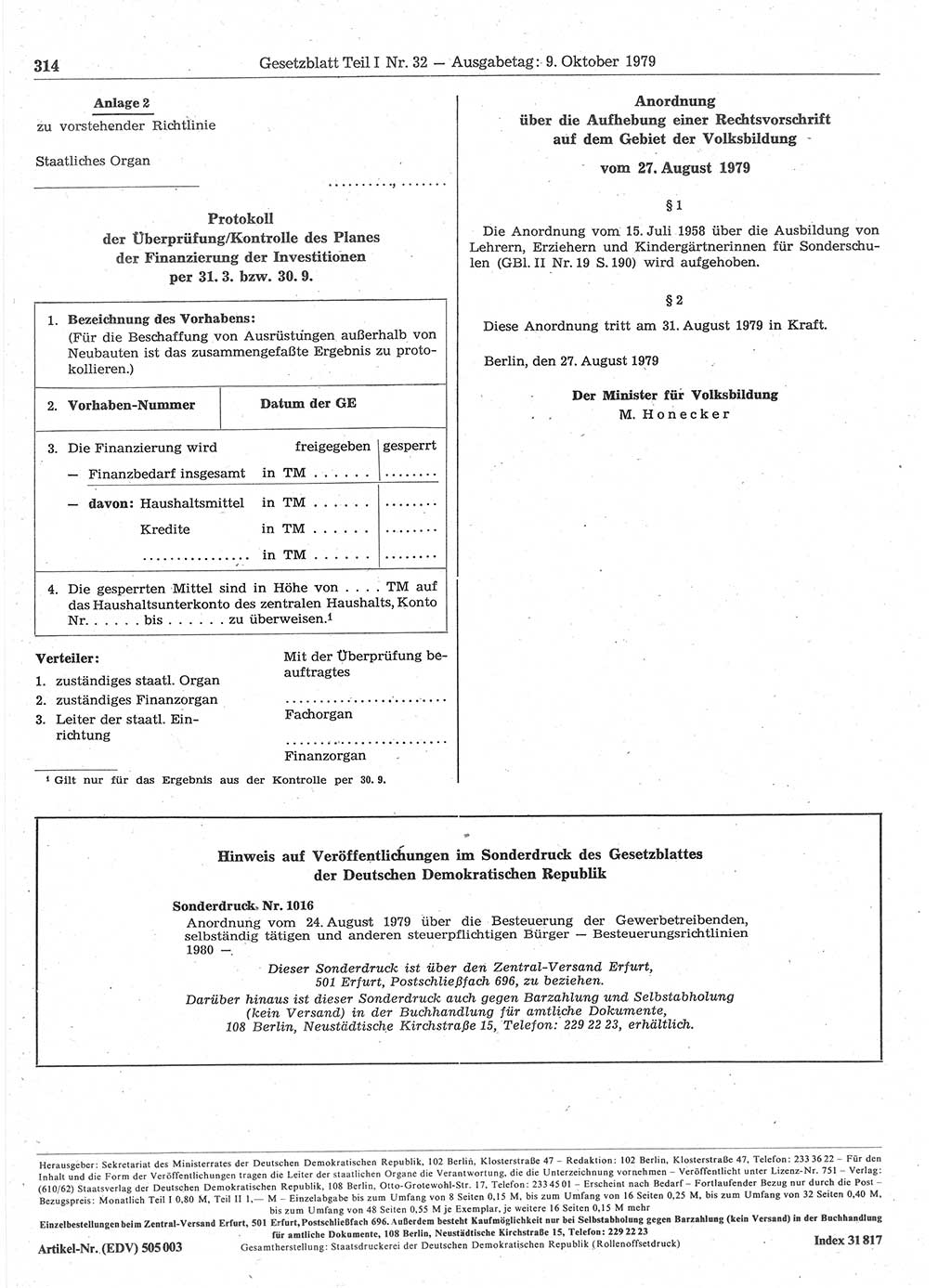 Gesetzblatt (GBl.) der Deutschen Demokratischen Republik (DDR) Teil Ⅰ 1979, Seite 314 (GBl. DDR Ⅰ 1979, S. 314)