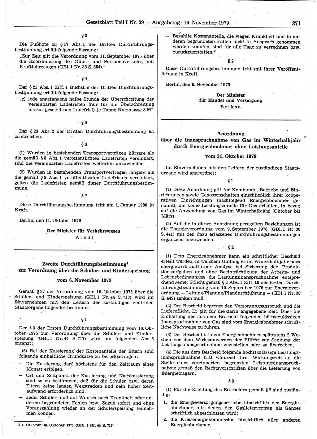 Gesetzblatt (GBl.) der Deutschen Demokratischen Republik (DDR) Teil Ⅰ 1979, Seite 371 (GBl. DDR Ⅰ 1979, S. 371)